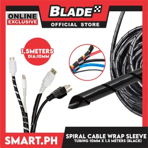 1.5m Cable Holder, Spiral Cable Wrap Sleeve Tubing 10mm (Black)