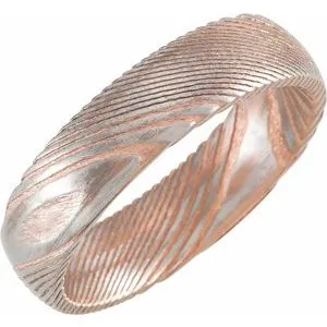 18K Rose Gold PVD Damascus Steel 6 mm Patterned Half Round Band Size 12
