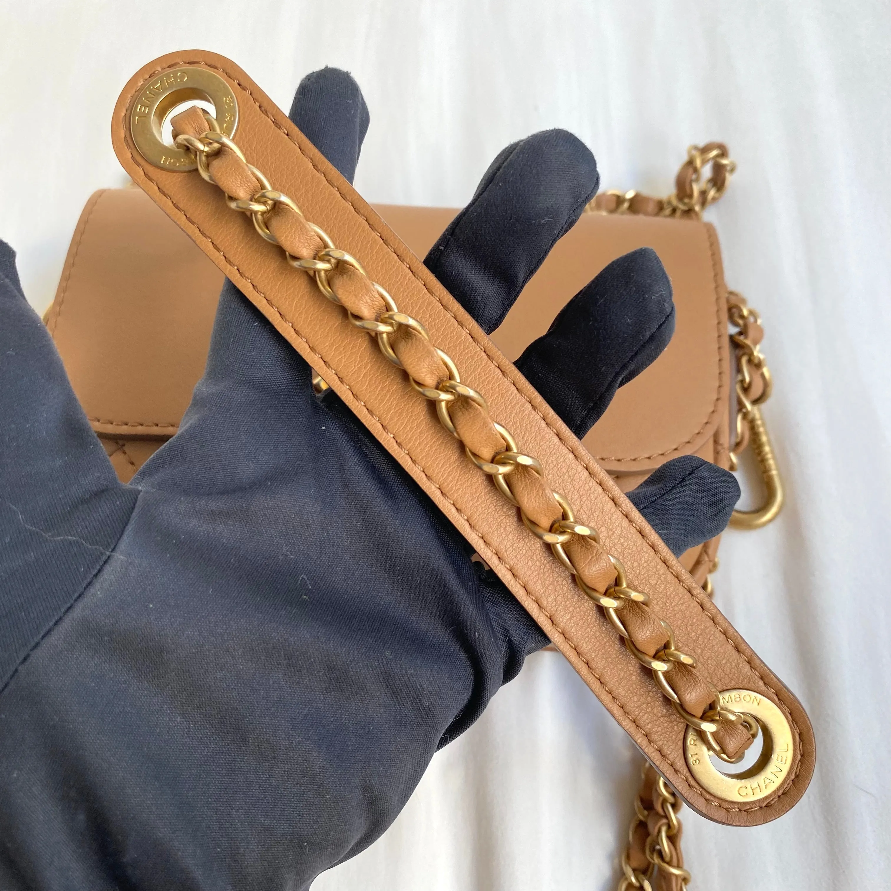 19K Caramel Calfskin Quilted Multi Pouching Flap Bag With Coin Purse