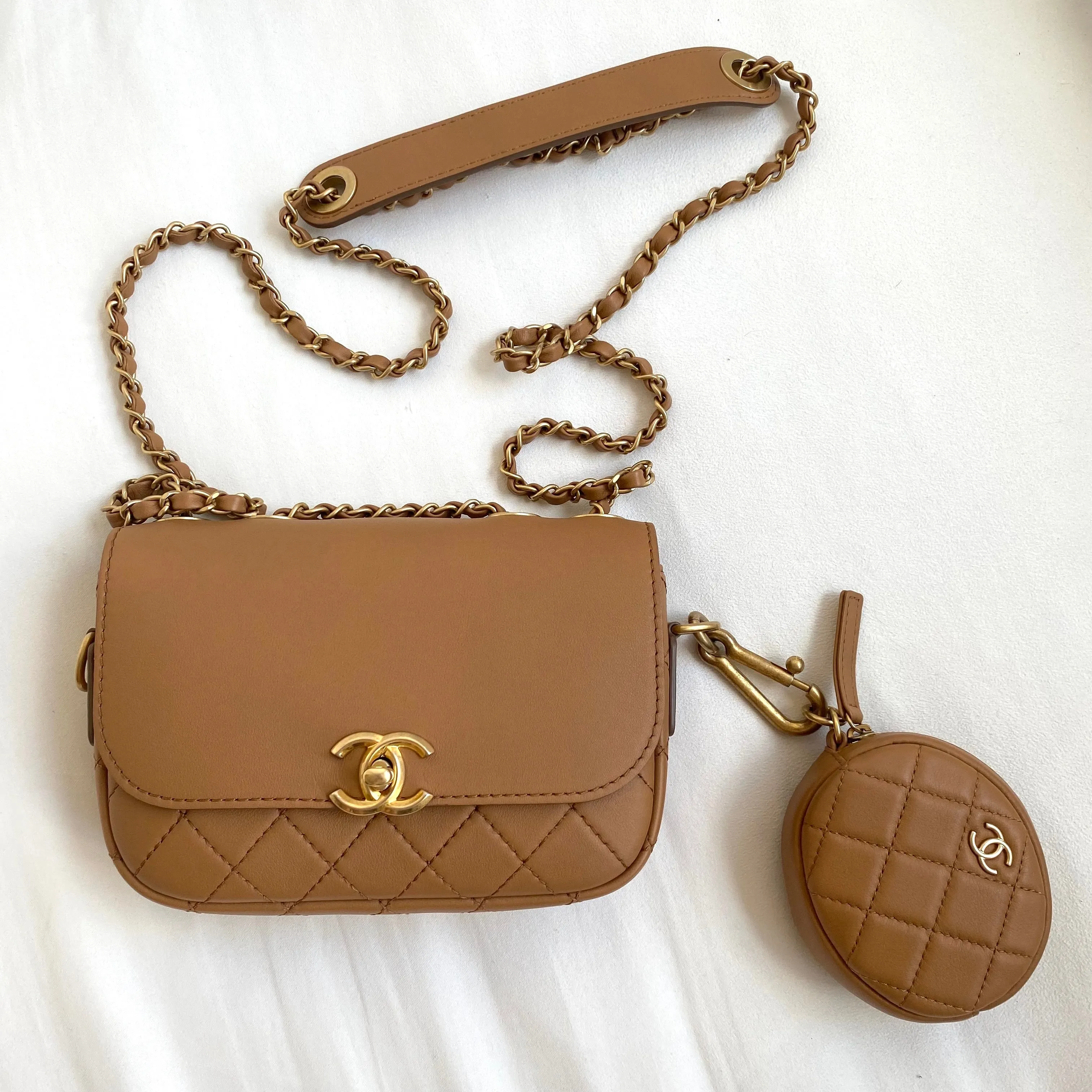19K Caramel Calfskin Quilted Multi Pouching Flap Bag With Coin Purse