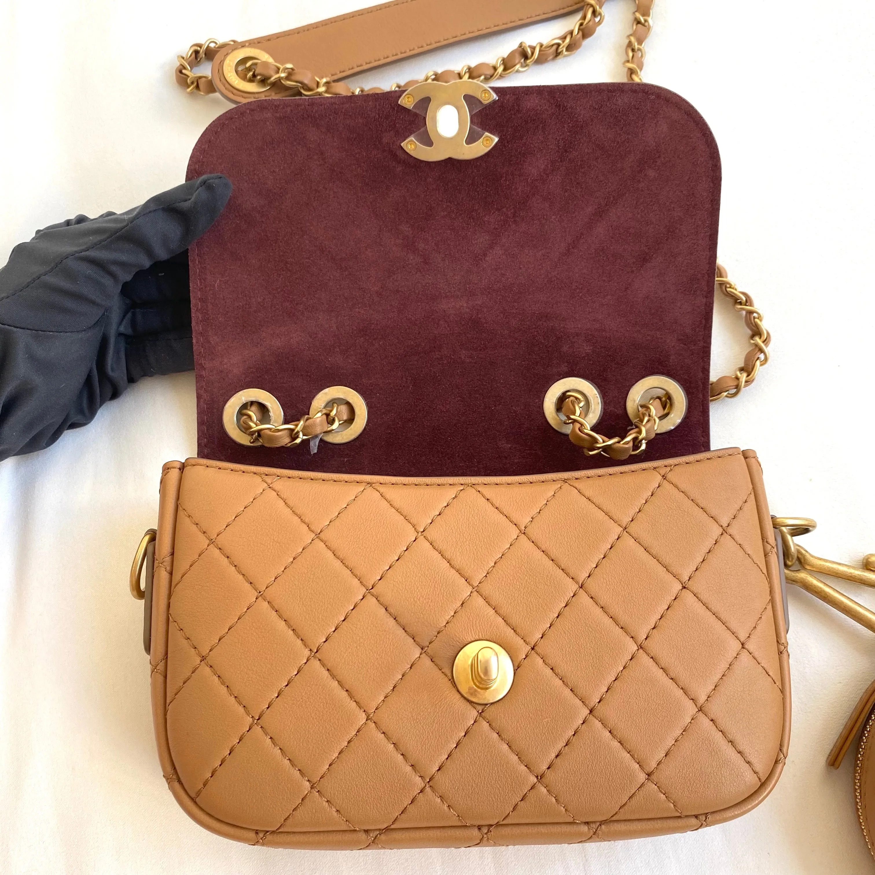 19K Caramel Calfskin Quilted Multi Pouching Flap Bag With Coin Purse