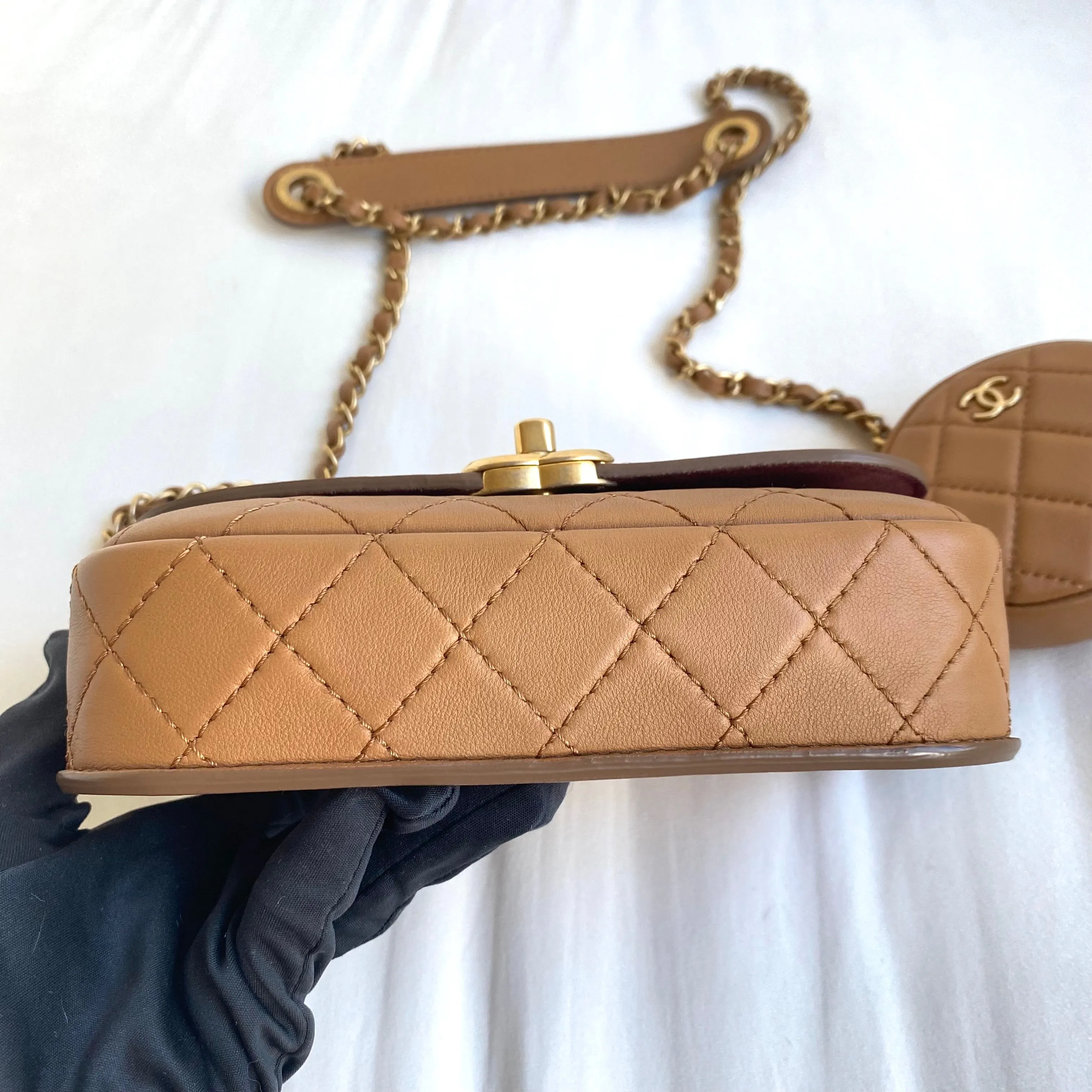 19K Caramel Calfskin Quilted Multi Pouching Flap Bag With Coin Purse