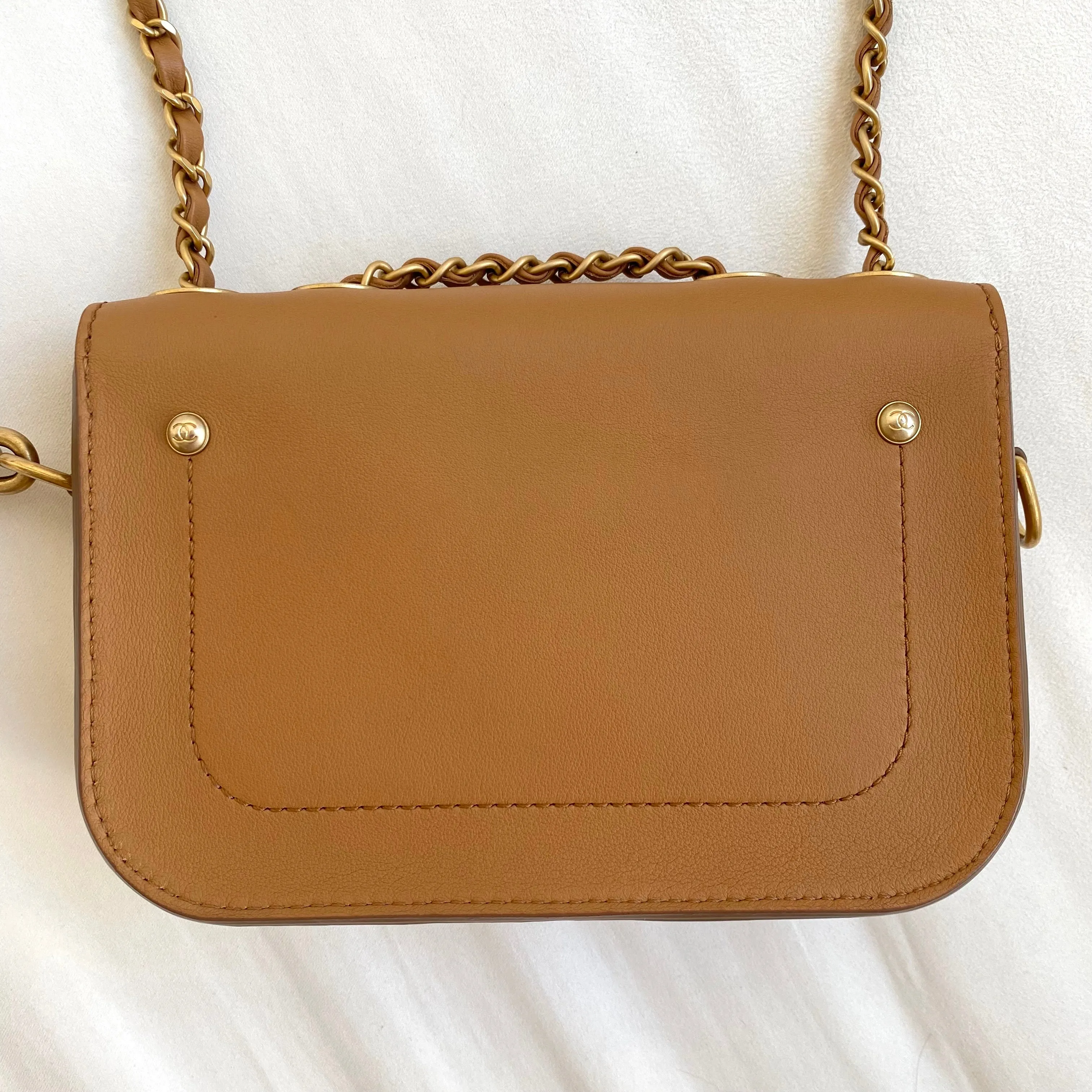 19K Caramel Calfskin Quilted Multi Pouching Flap Bag With Coin Purse