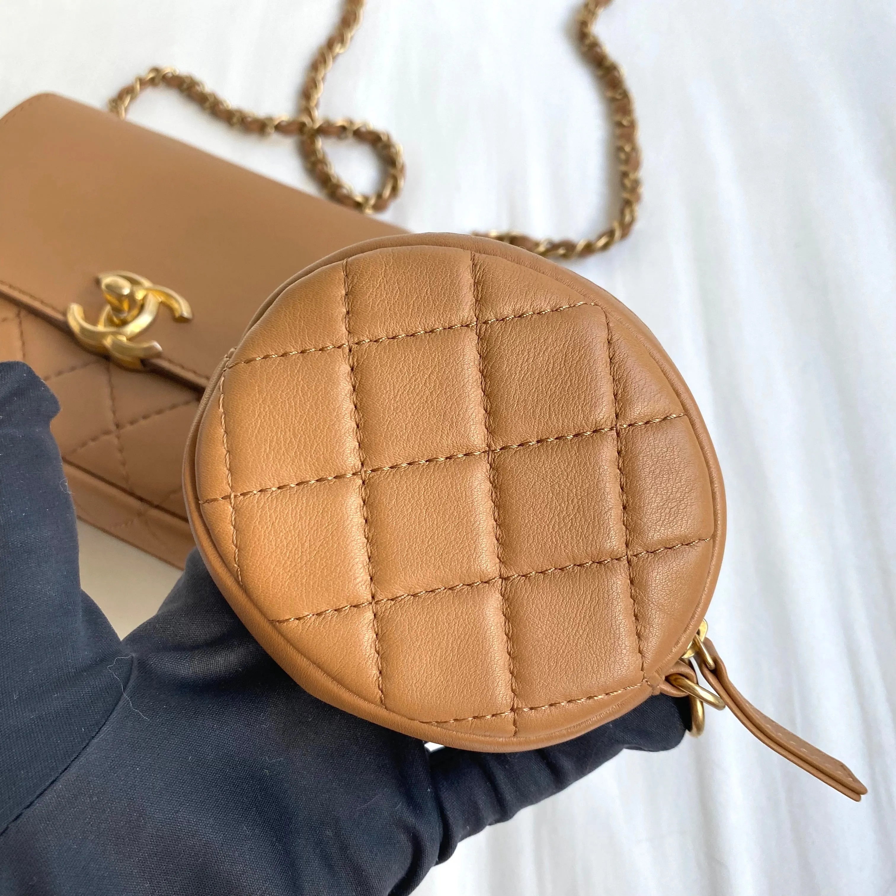 19K Caramel Calfskin Quilted Multi Pouching Flap Bag With Coin Purse