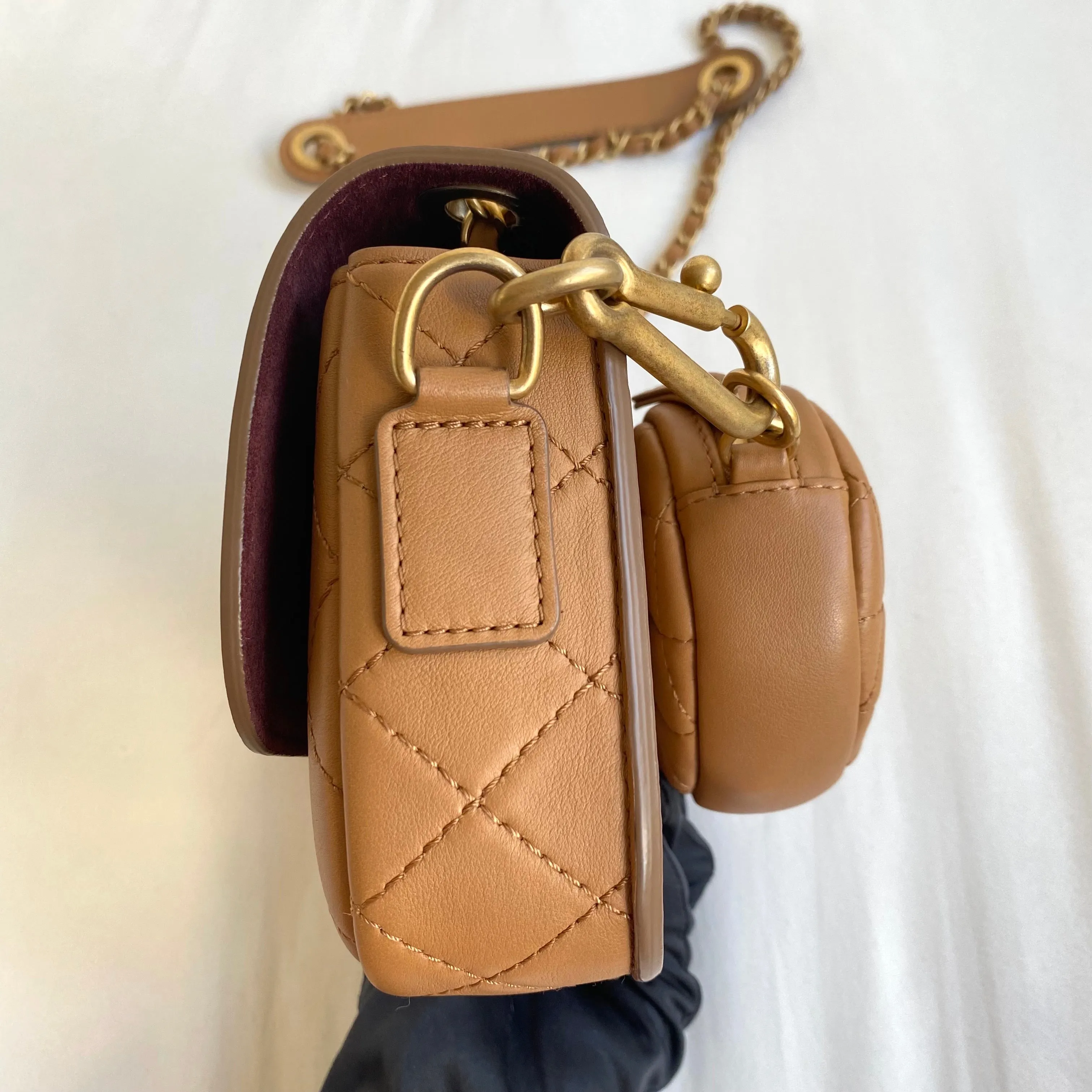 19K Caramel Calfskin Quilted Multi Pouching Flap Bag With Coin Purse