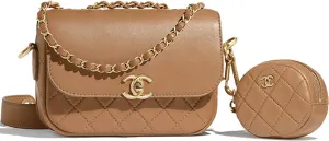 19K Caramel Calfskin Quilted Multi Pouching Flap Bag With Coin Purse