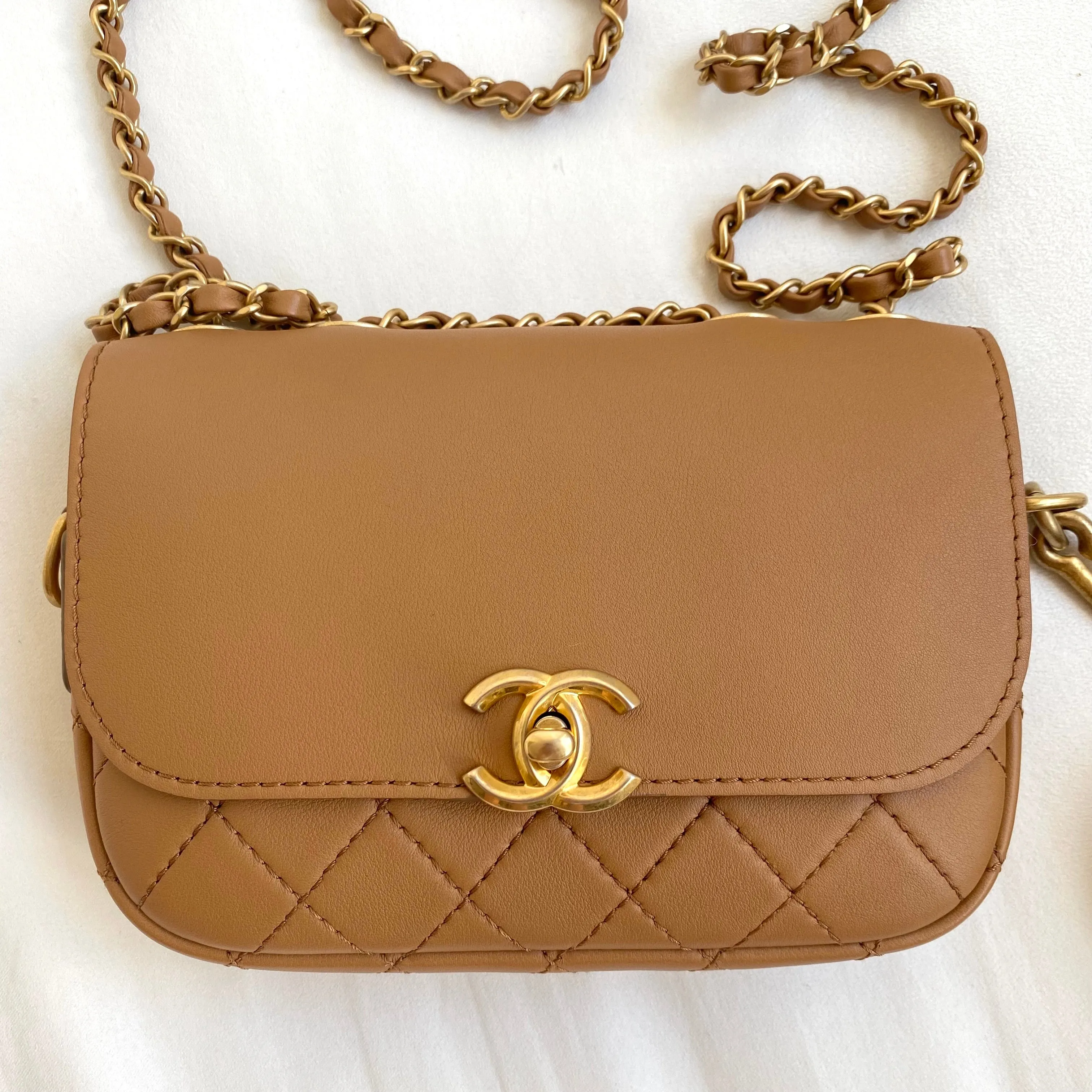 19K Caramel Calfskin Quilted Multi Pouching Flap Bag With Coin Purse