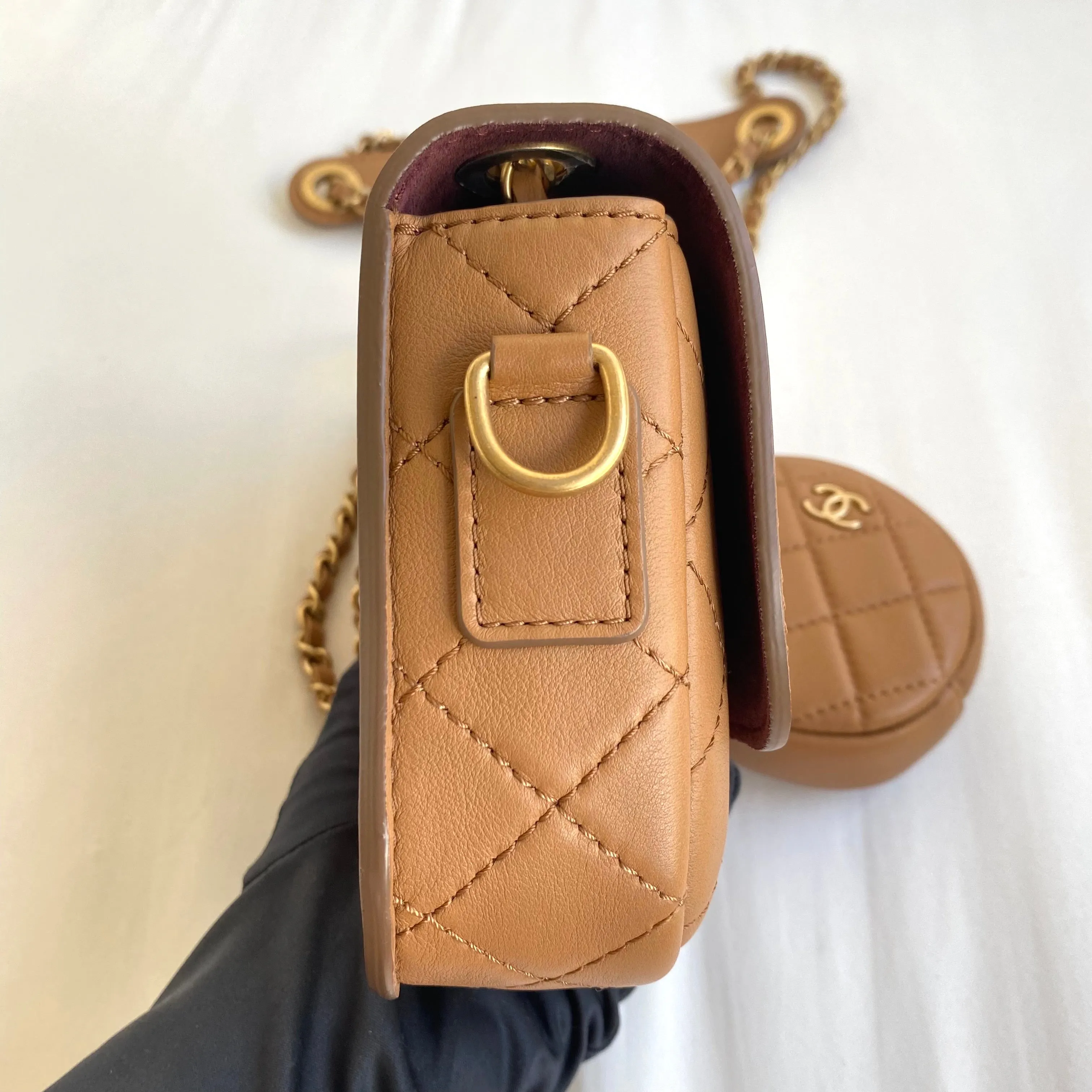 19K Caramel Calfskin Quilted Multi Pouching Flap Bag With Coin Purse