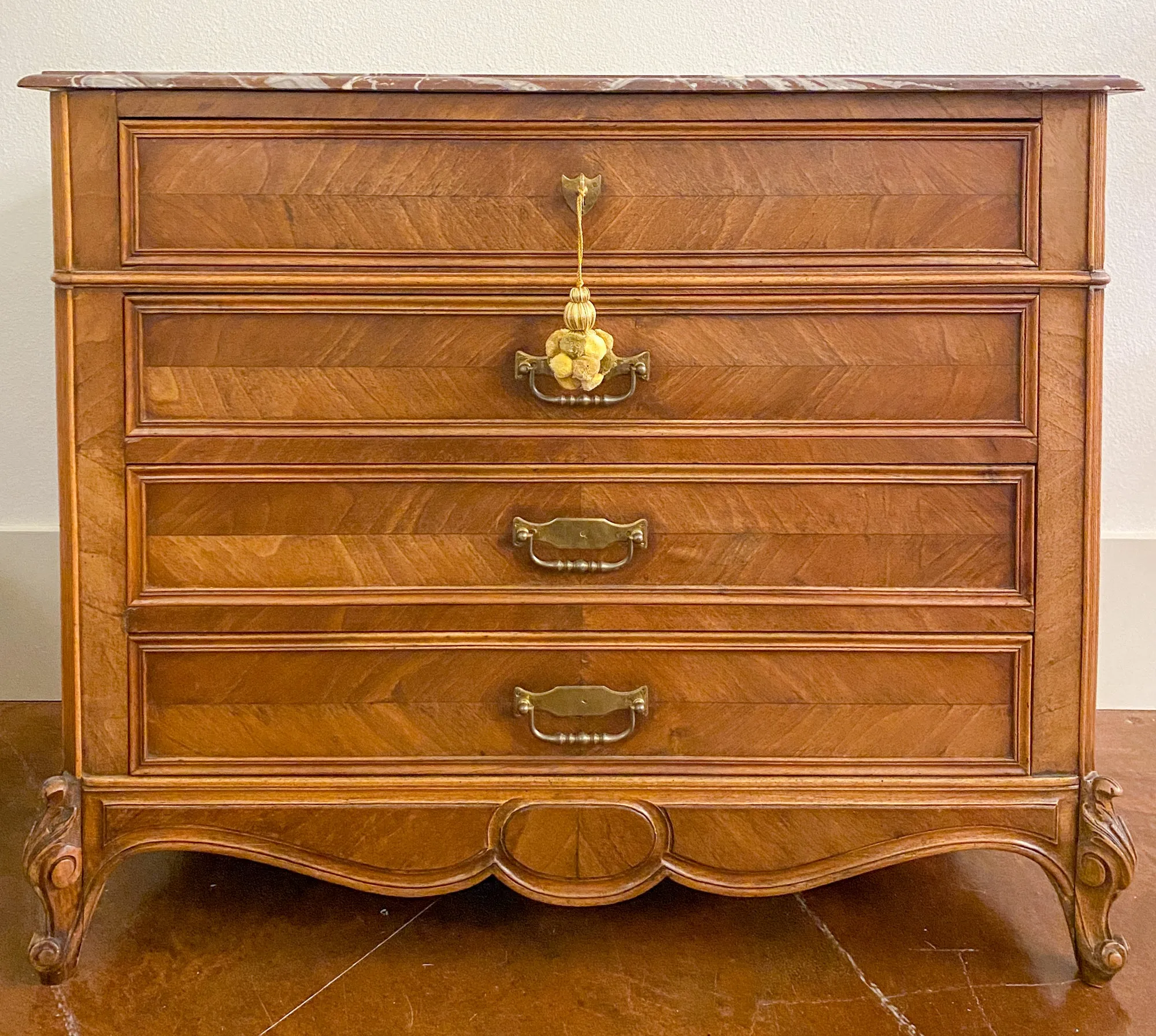 19th Century Louis XV Style Carved Wood Chest with Veneer Details and Marble Top