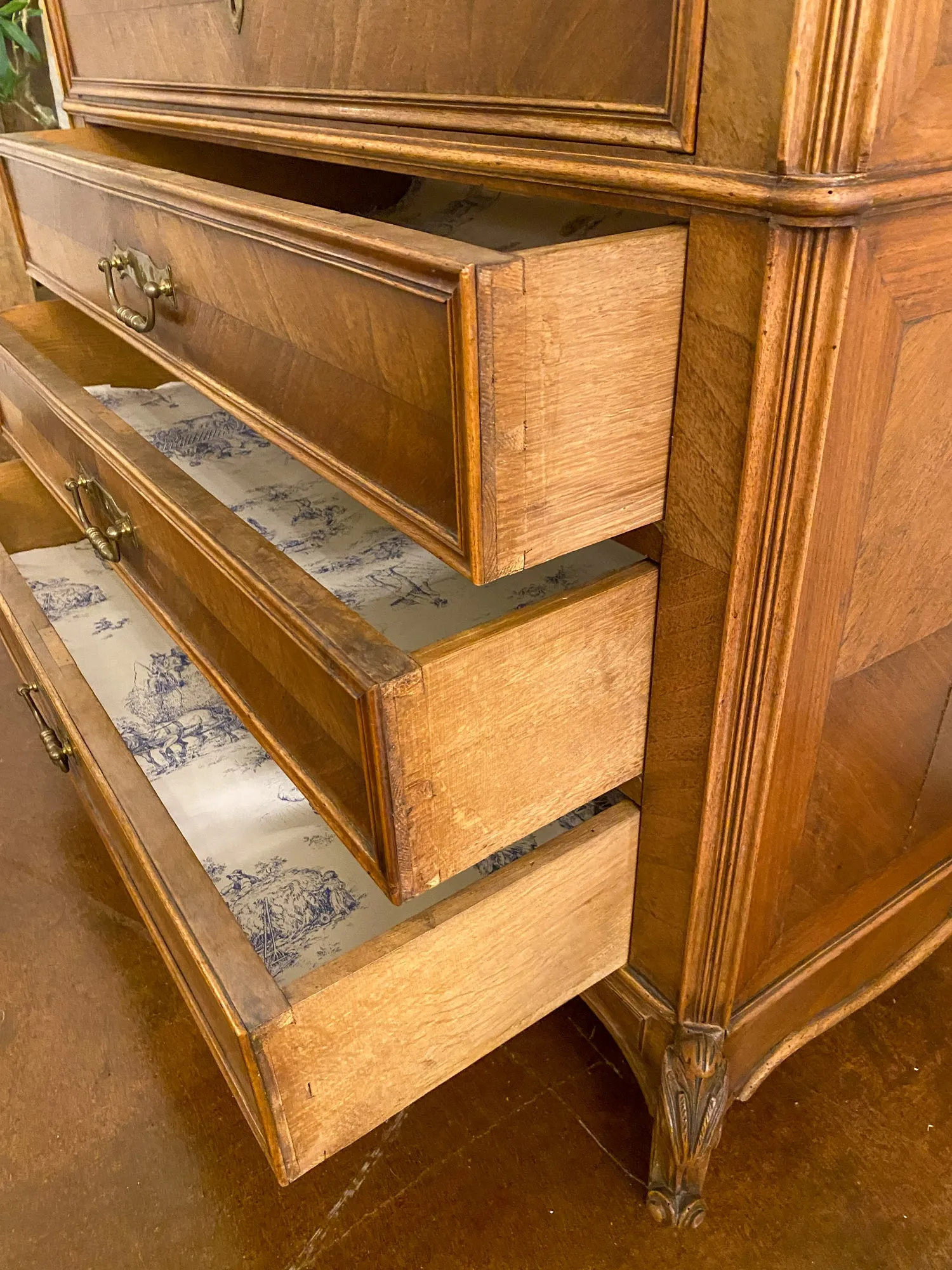 19th Century Louis XV Style Carved Wood Chest with Veneer Details and Marble Top