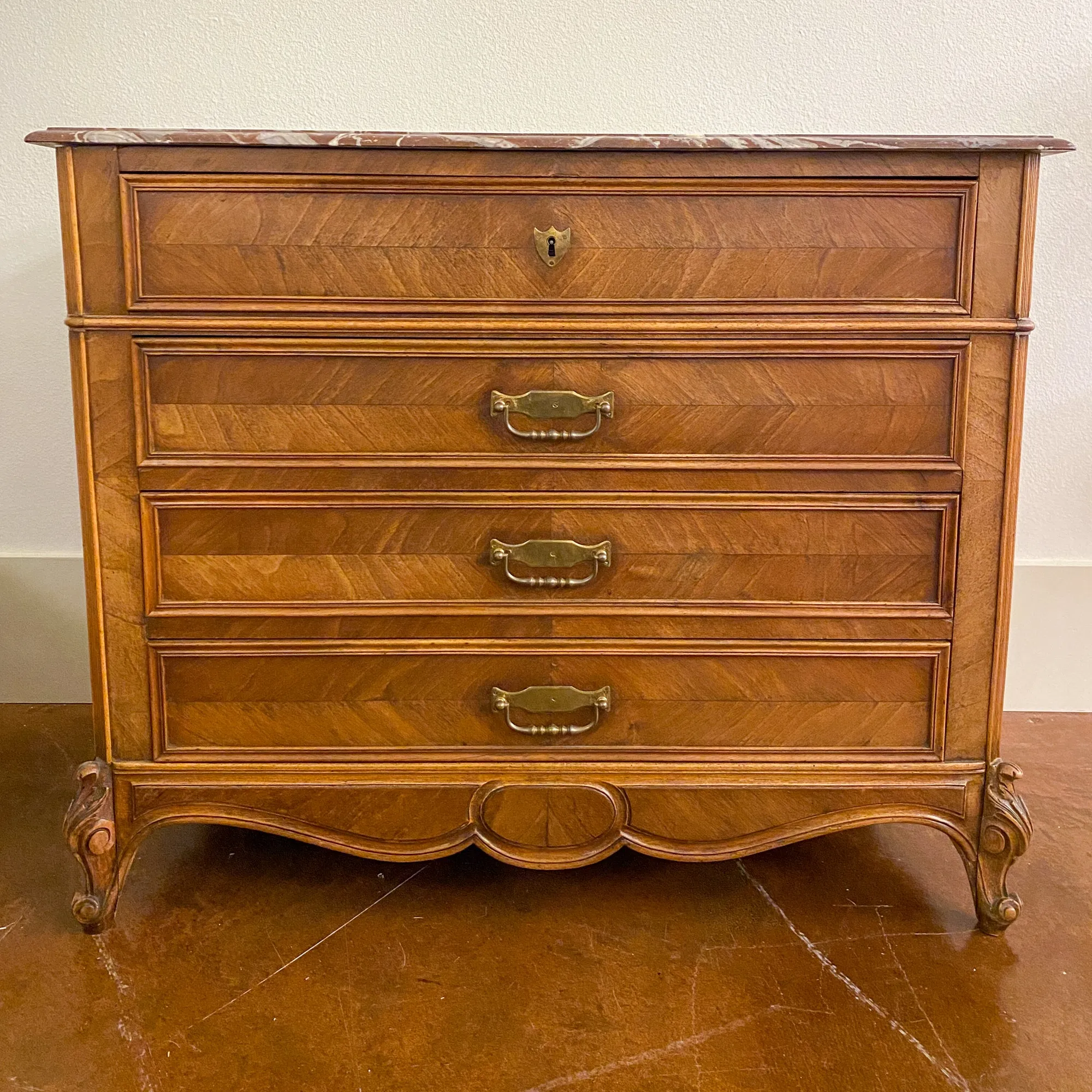 19th Century Louis XV Style Carved Wood Chest with Veneer Details and Marble Top