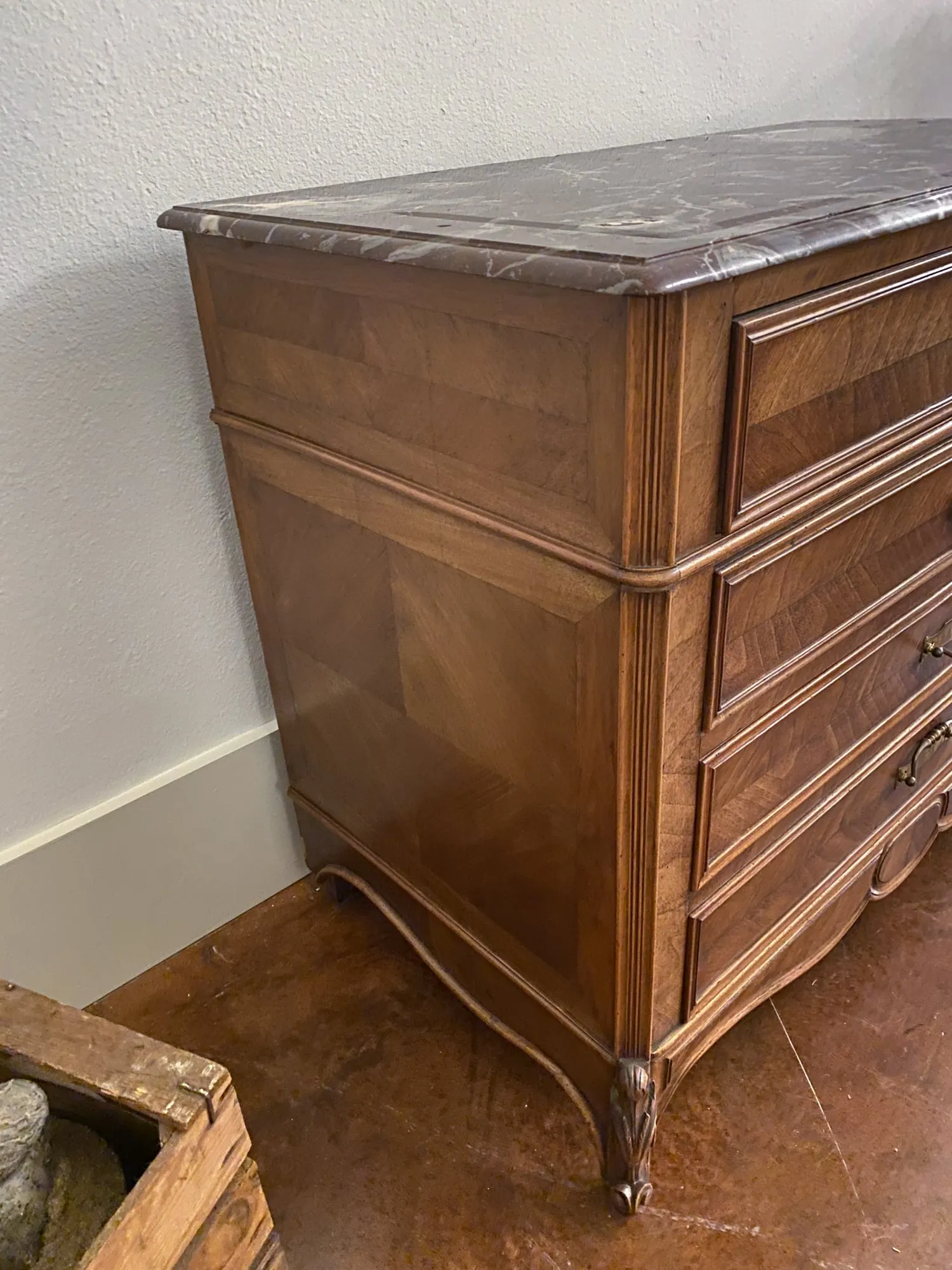 19th Century Louis XV Style Carved Wood Chest with Veneer Details and Marble Top