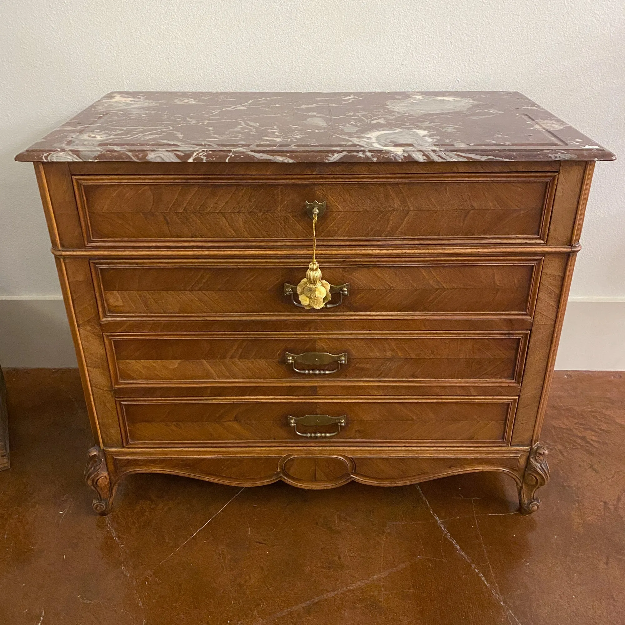 19th Century Louis XV Style Carved Wood Chest with Veneer Details and Marble Top