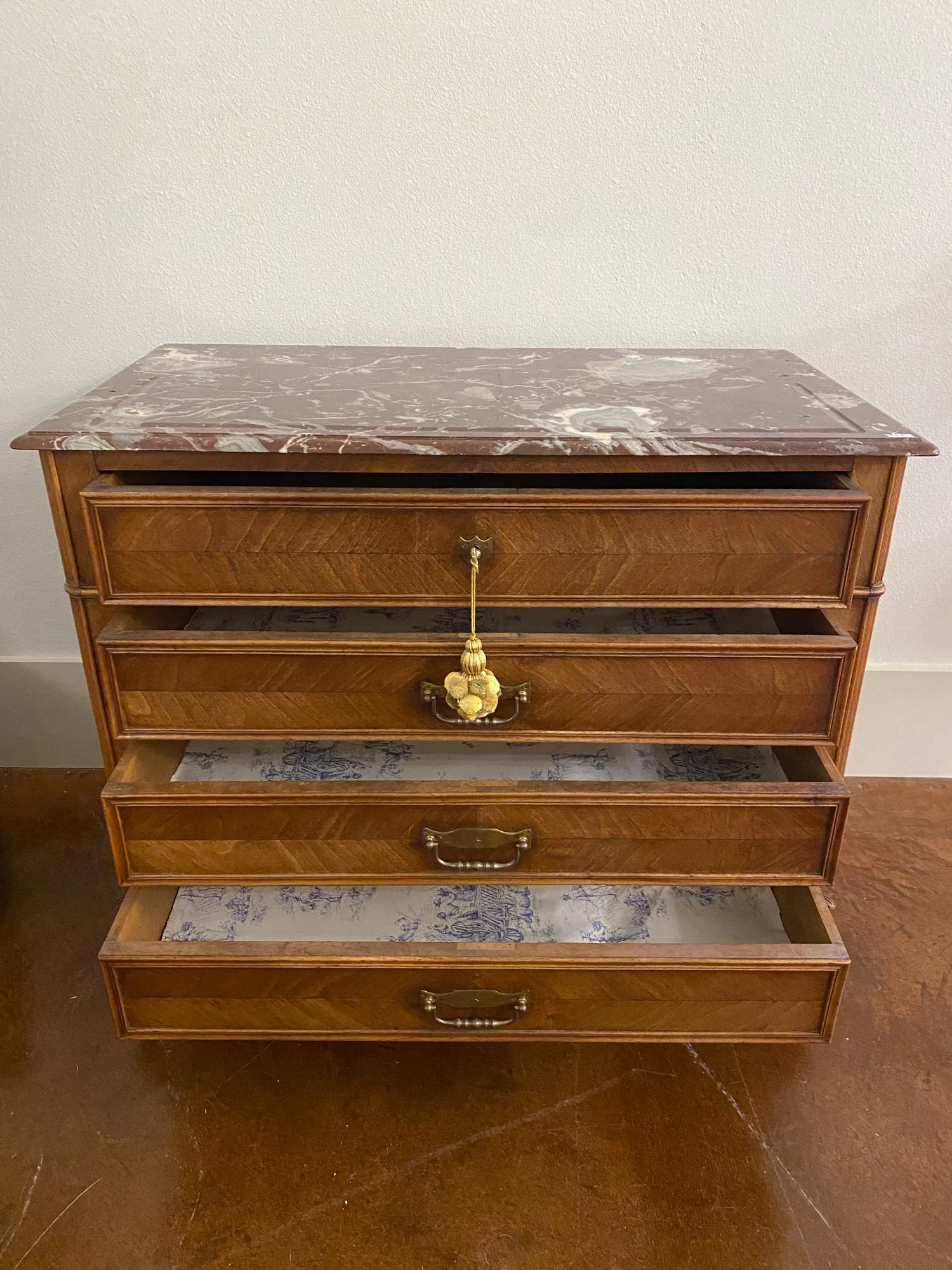 19th Century Louis XV Style Carved Wood Chest with Veneer Details and Marble Top