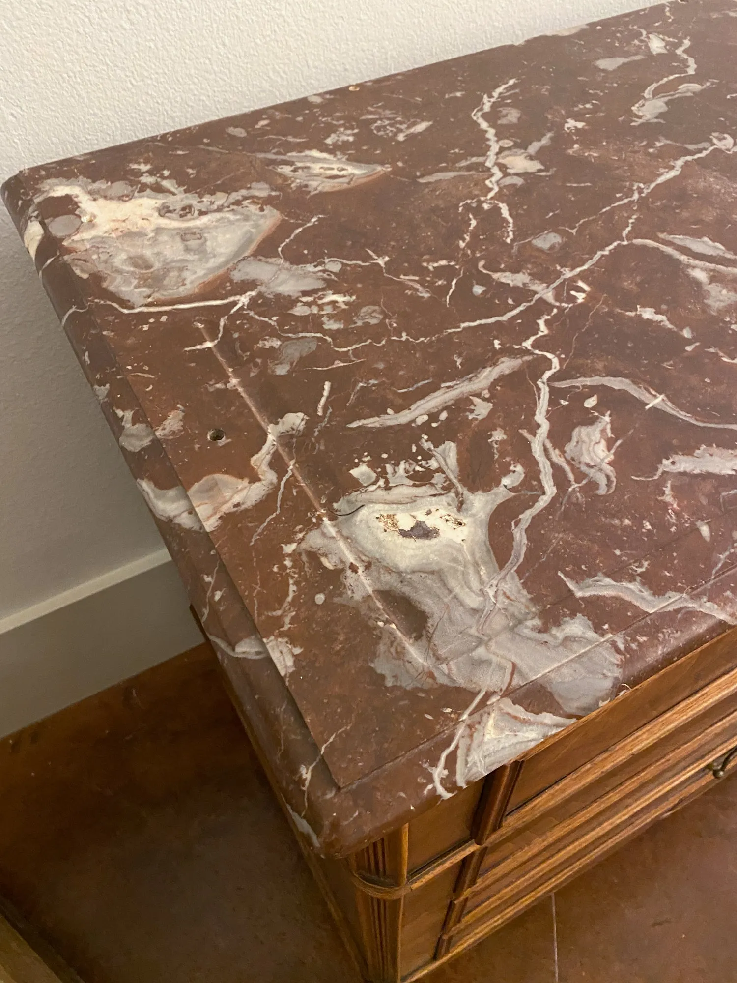 19th Century Louis XV Style Carved Wood Chest with Veneer Details and Marble Top