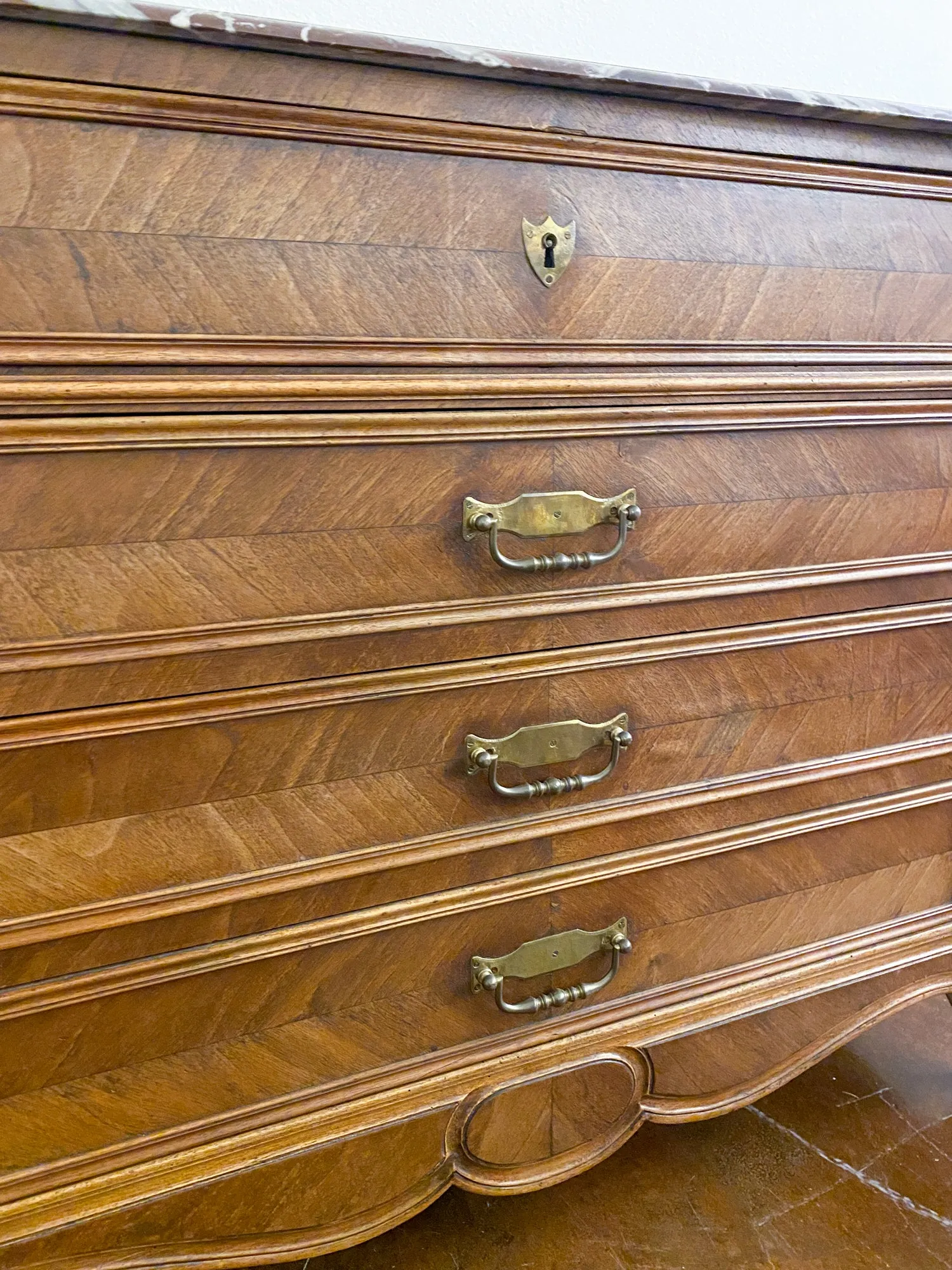 19th Century Louis XV Style Carved Wood Chest with Veneer Details and Marble Top