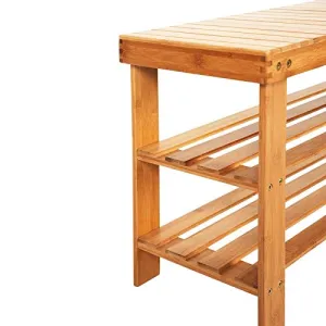 2 Tiers Bamboo Shoe Rack Bench with Heights-seat for Kids Adult Yellow