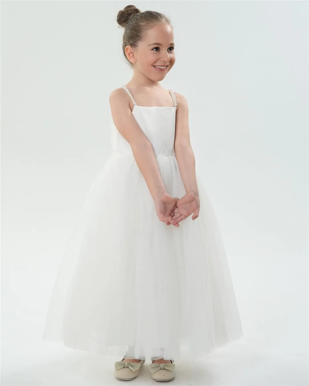 2Bunnies Satin Pearl Strap Bow Girl Dress in White Maxi
