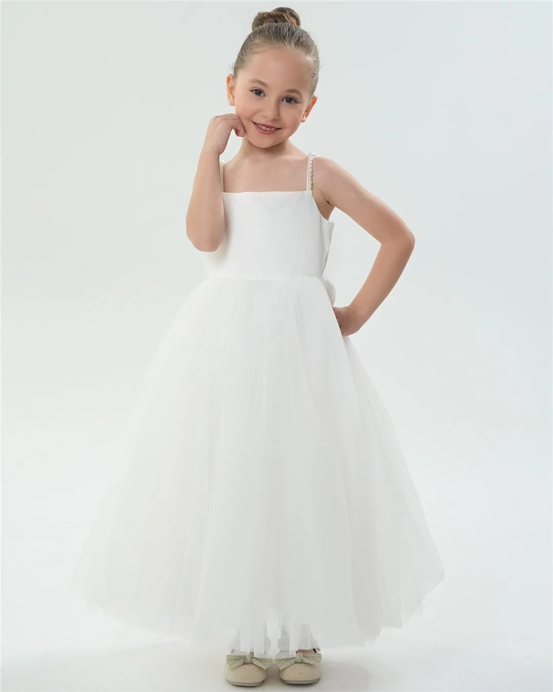 2Bunnies Satin Pearl Strap Bow Girl Dress in White Maxi
