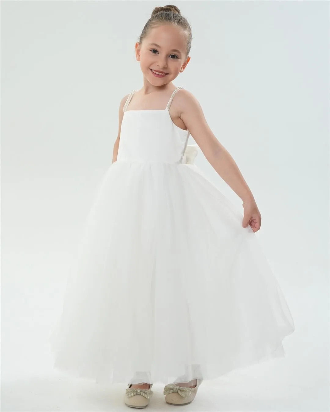 2Bunnies Satin Pearl Strap Bow Girl Dress in White Maxi