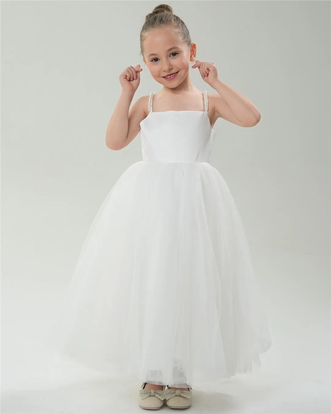 2Bunnies Satin Pearl Strap Bow Girl Dress in White Maxi