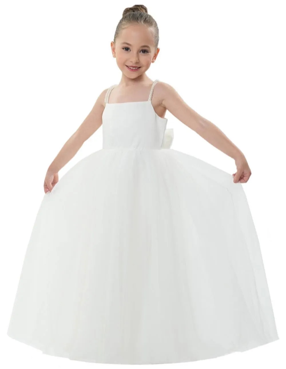 2Bunnies Satin Pearl Strap Bow Girl Dress in White Maxi