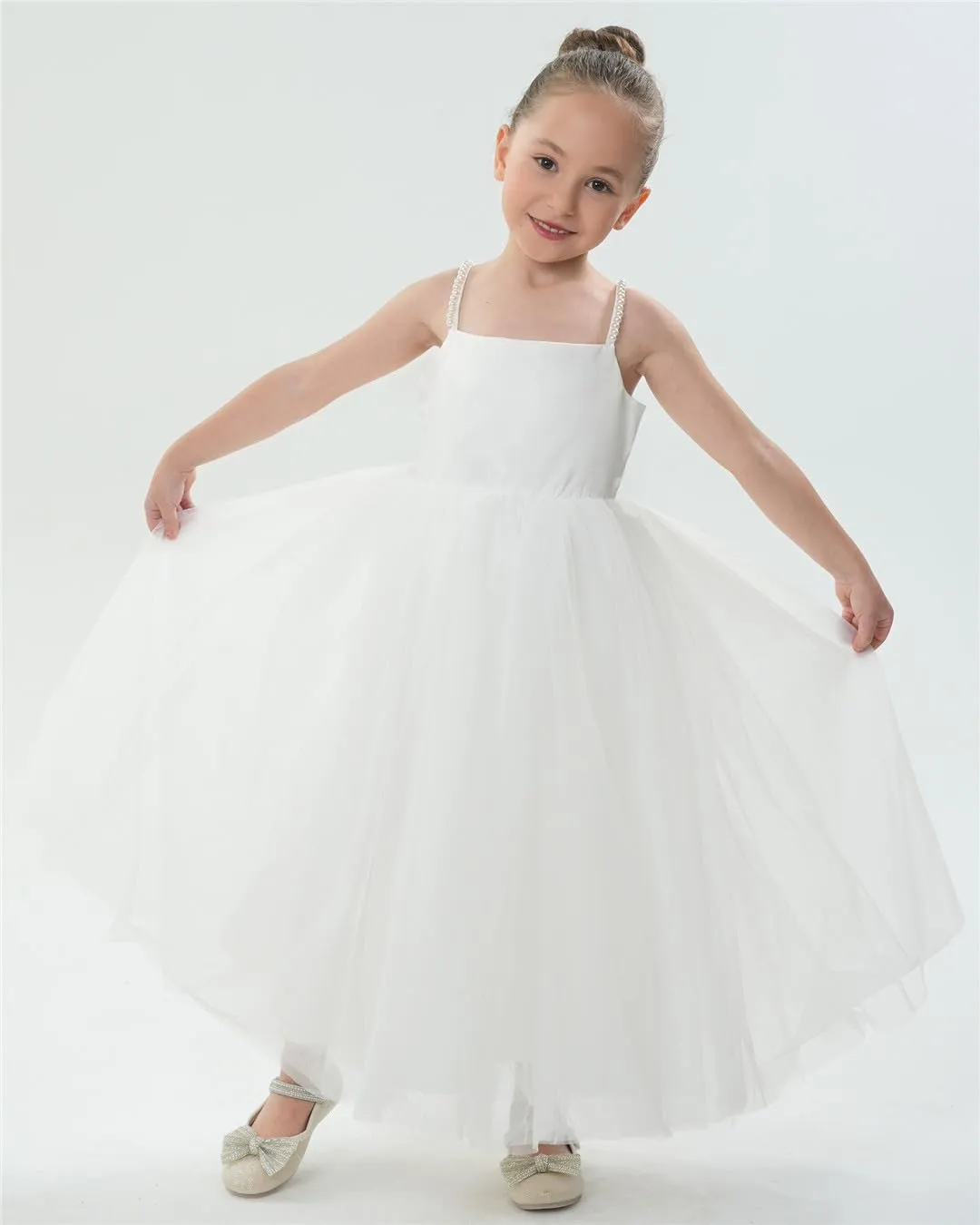 2Bunnies Satin Pearl Strap Bow Girl Dress in White Maxi