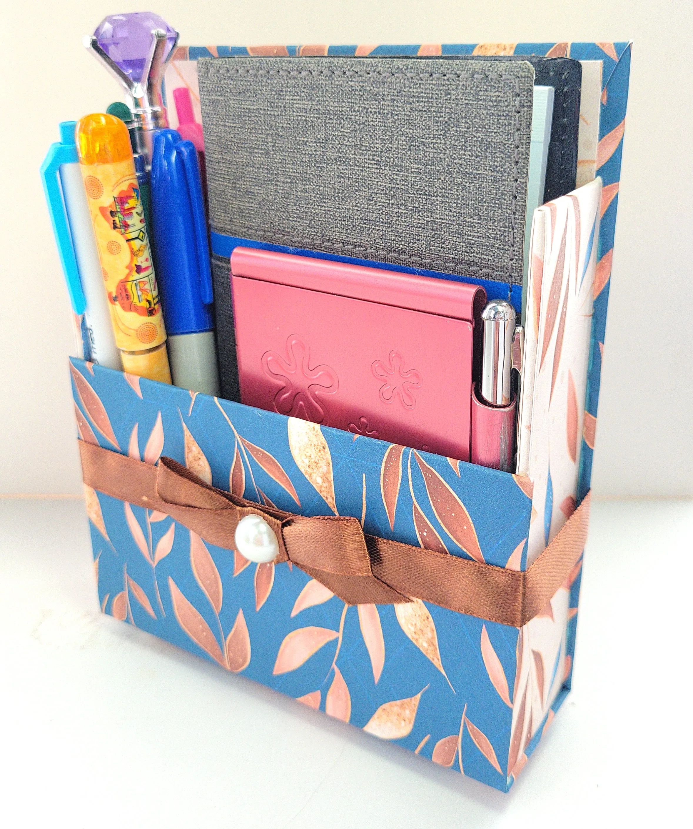 42-Pc Stationery Gift Box Set w/Reusable Desktop Organizer Box and Gold Pen - Autumn Leaves on Blue