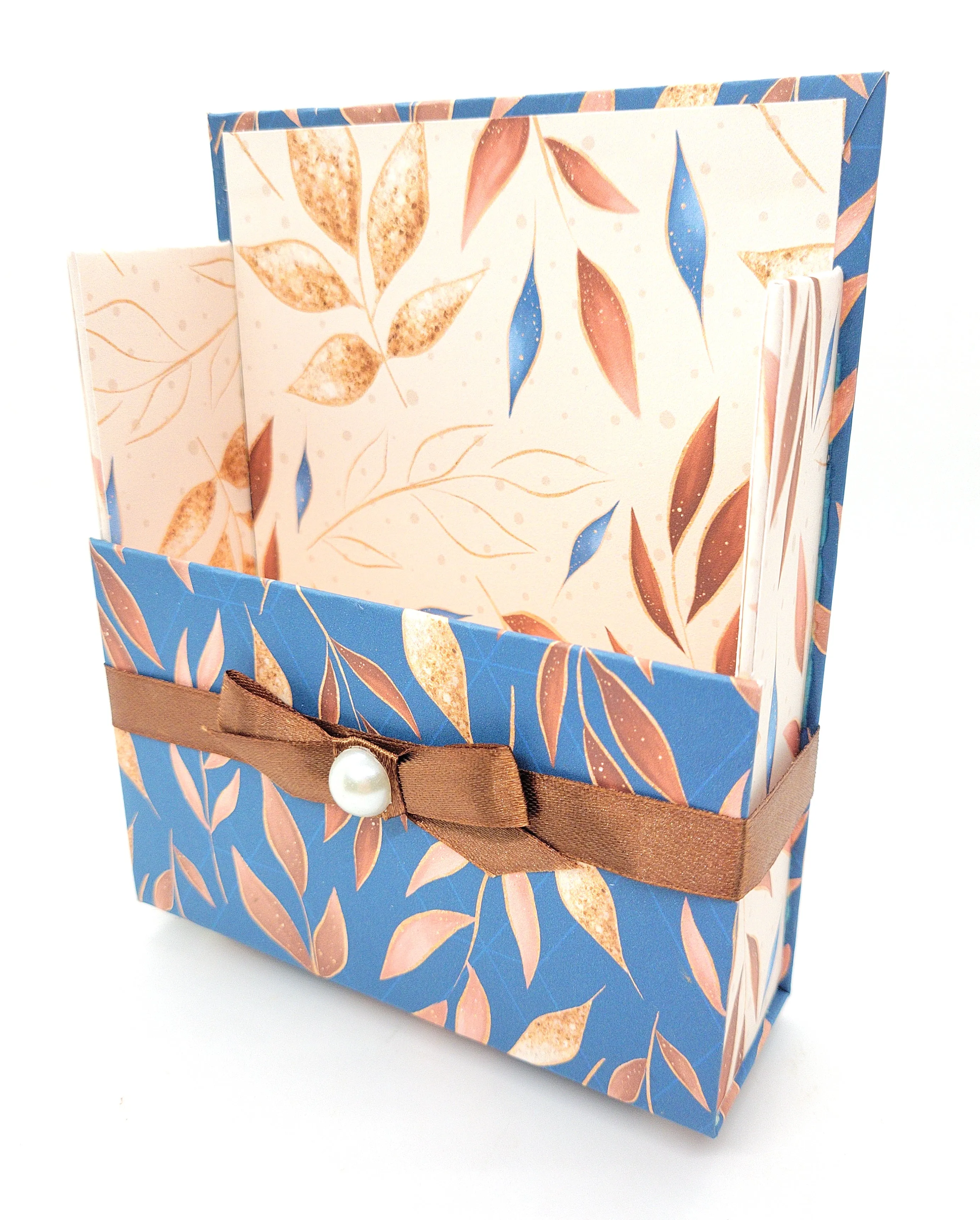 42-Pc Stationery Gift Box Set w/Reusable Desktop Organizer Box and Gold Pen - Autumn Leaves on Blue