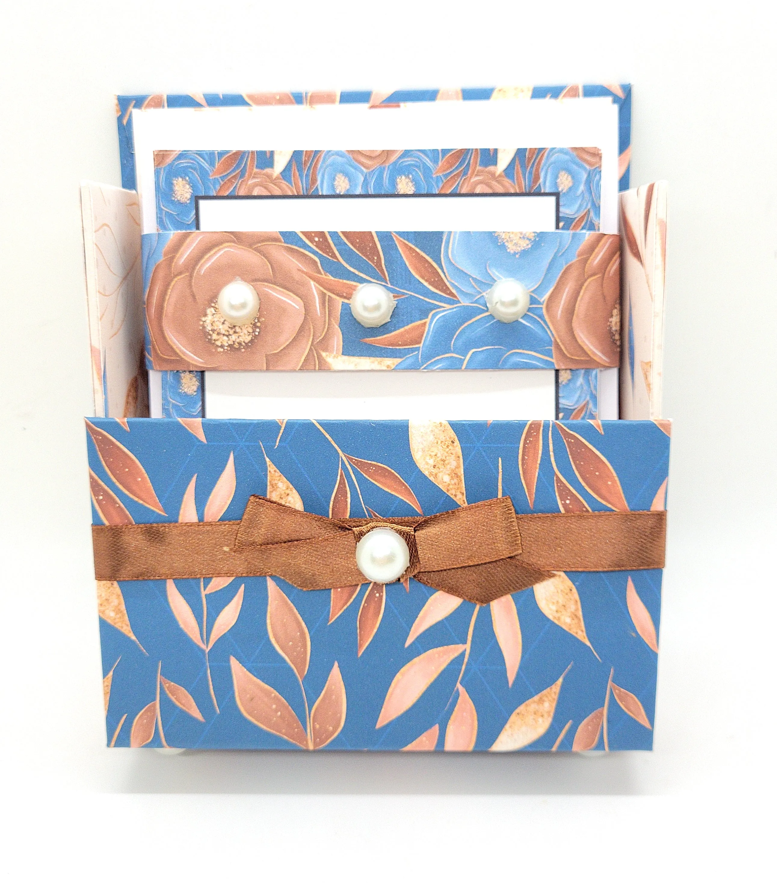 42-Pc Stationery Gift Box Set w/Reusable Desktop Organizer Box and Gold Pen - Autumn Leaves on Blue