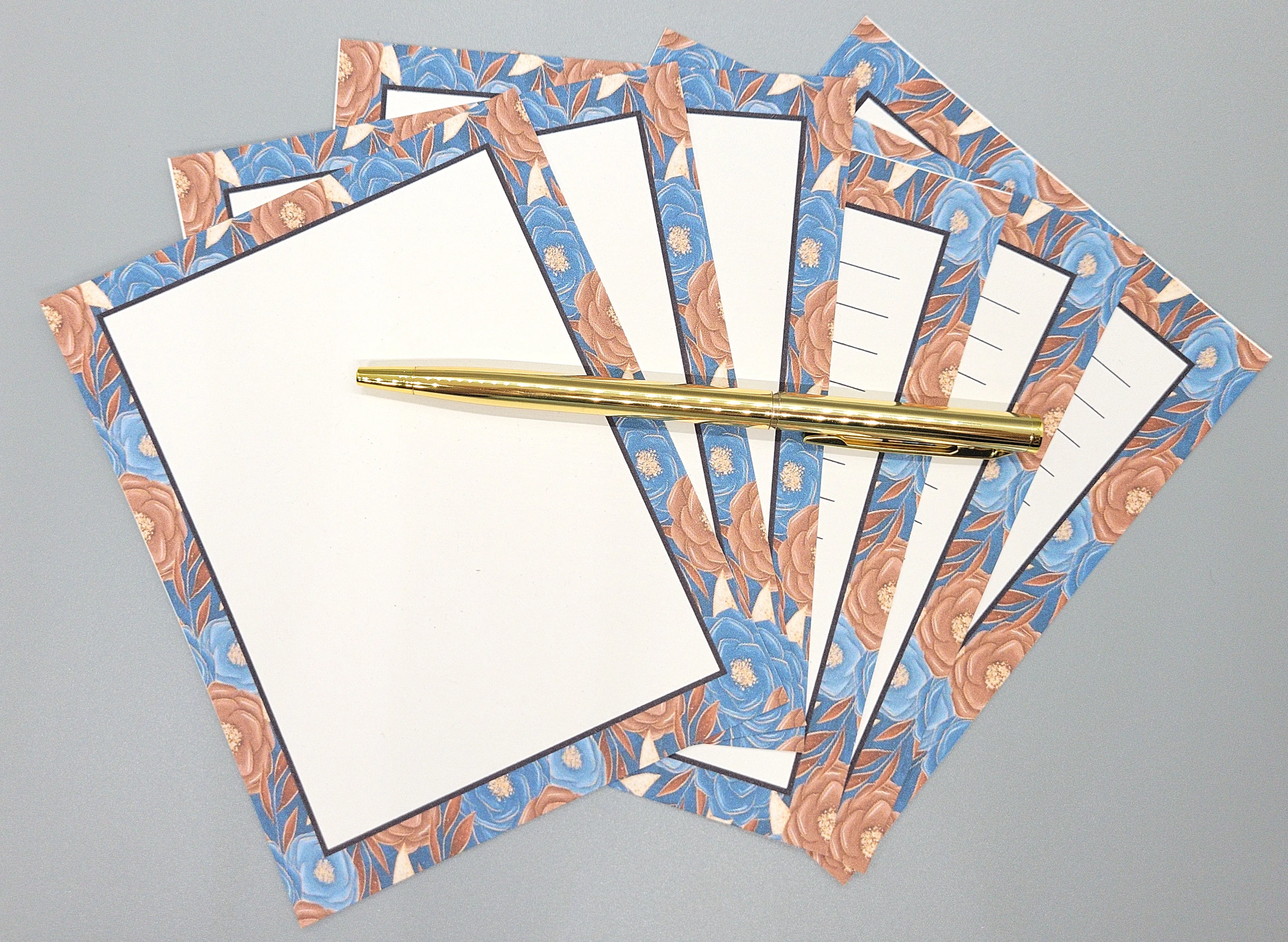 42-Pc Stationery Gift Box Set w/Reusable Desktop Organizer Box and Gold Pen - Autumn Leaves on Blue