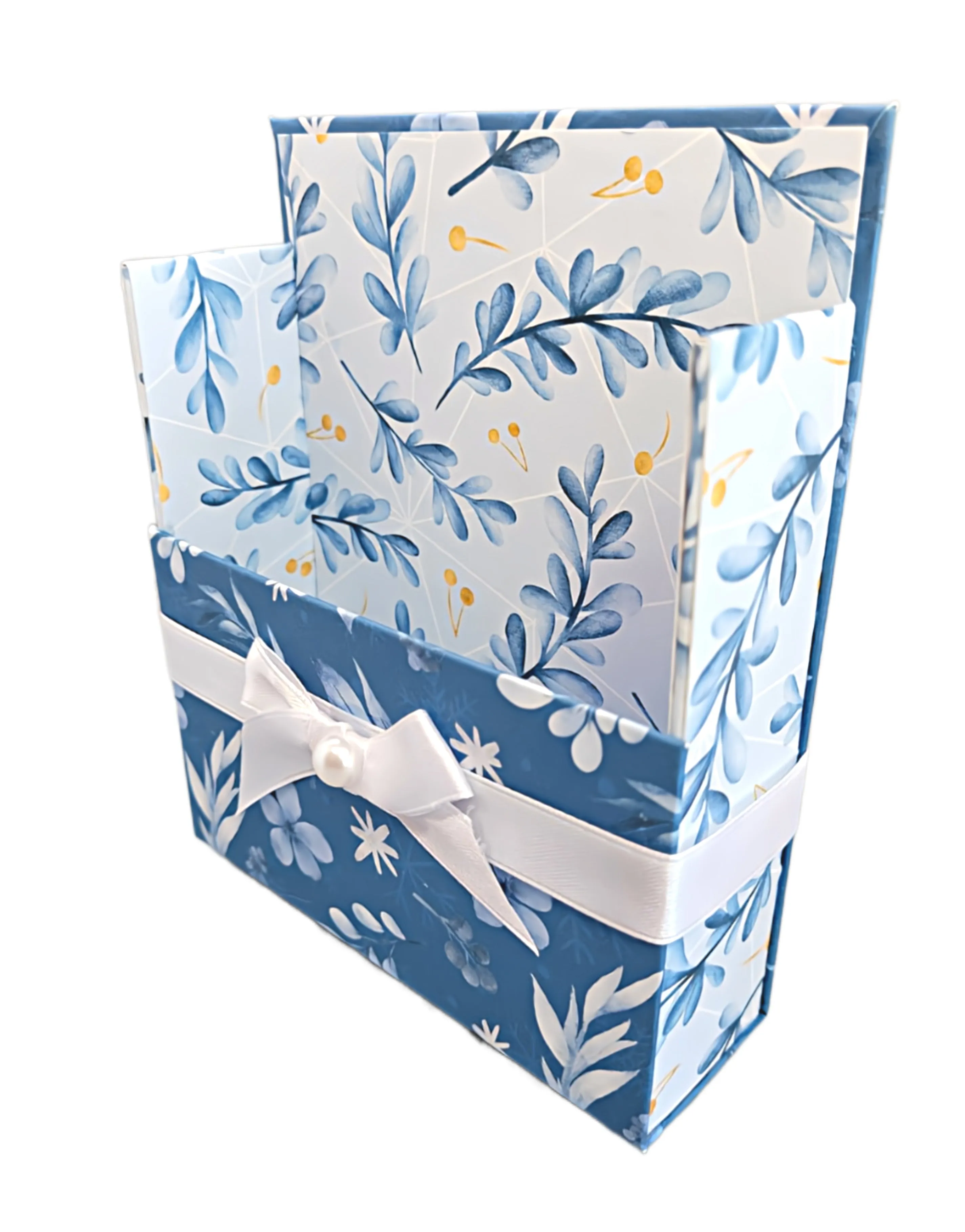 42-Pc Stationery Gift Box Set w/Reusable Desktop Organizer Box and Gold Pen - Blue and White Leaves, Petals & Fronds
