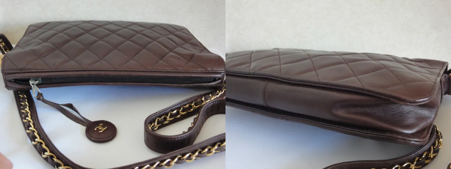 80's vintage Chanel dark brown quilted lambskin shoulder bag with CC motif and built-in chain shoulder strap. Rare Chanel purse