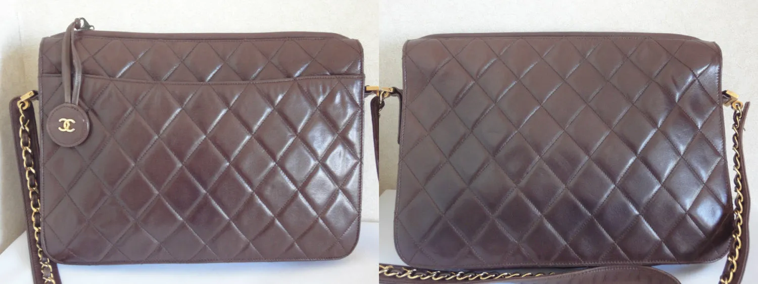 80's vintage Chanel dark brown quilted lambskin shoulder bag with CC motif and built-in chain shoulder strap. Rare Chanel purse