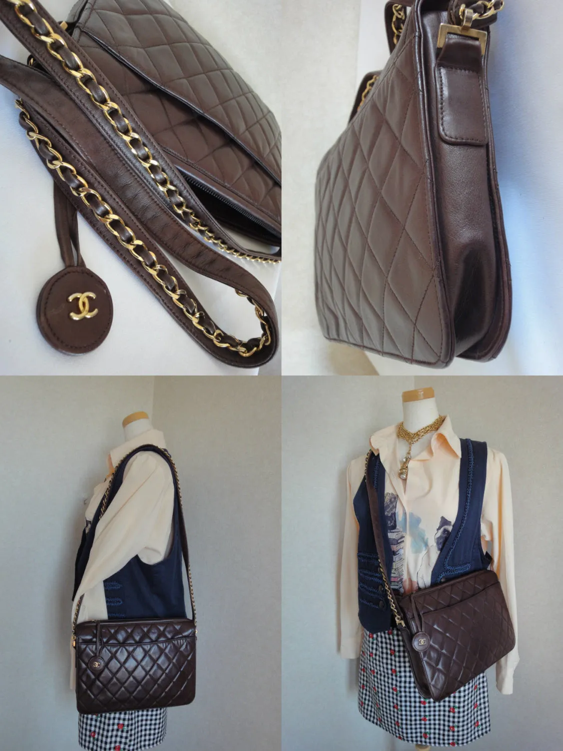 80's vintage Chanel dark brown quilted lambskin shoulder bag with CC motif and built-in chain shoulder strap. Rare Chanel purse