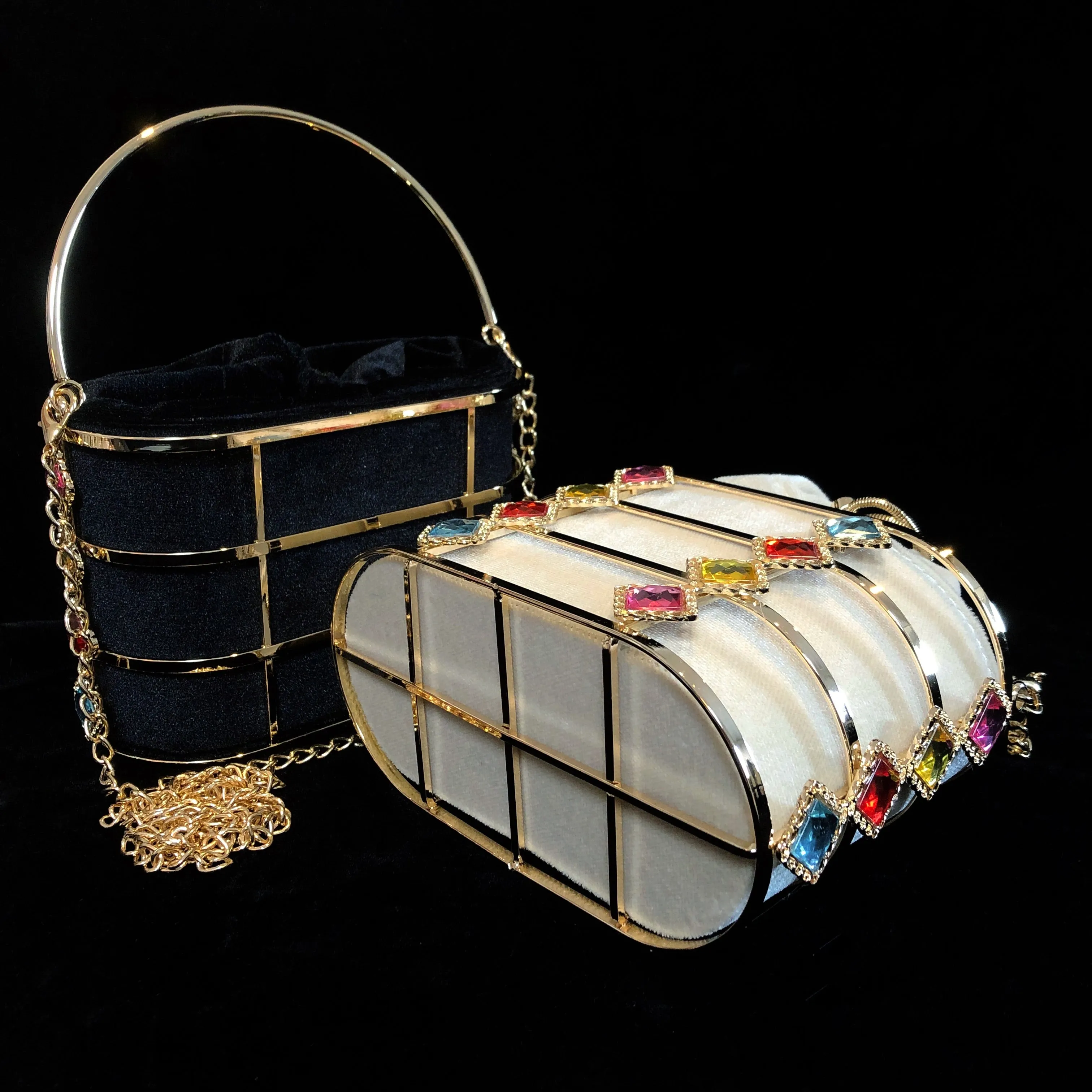 A VELVETINE BASKET BAG WITH JEWEL EMBELLISHED CAGE.