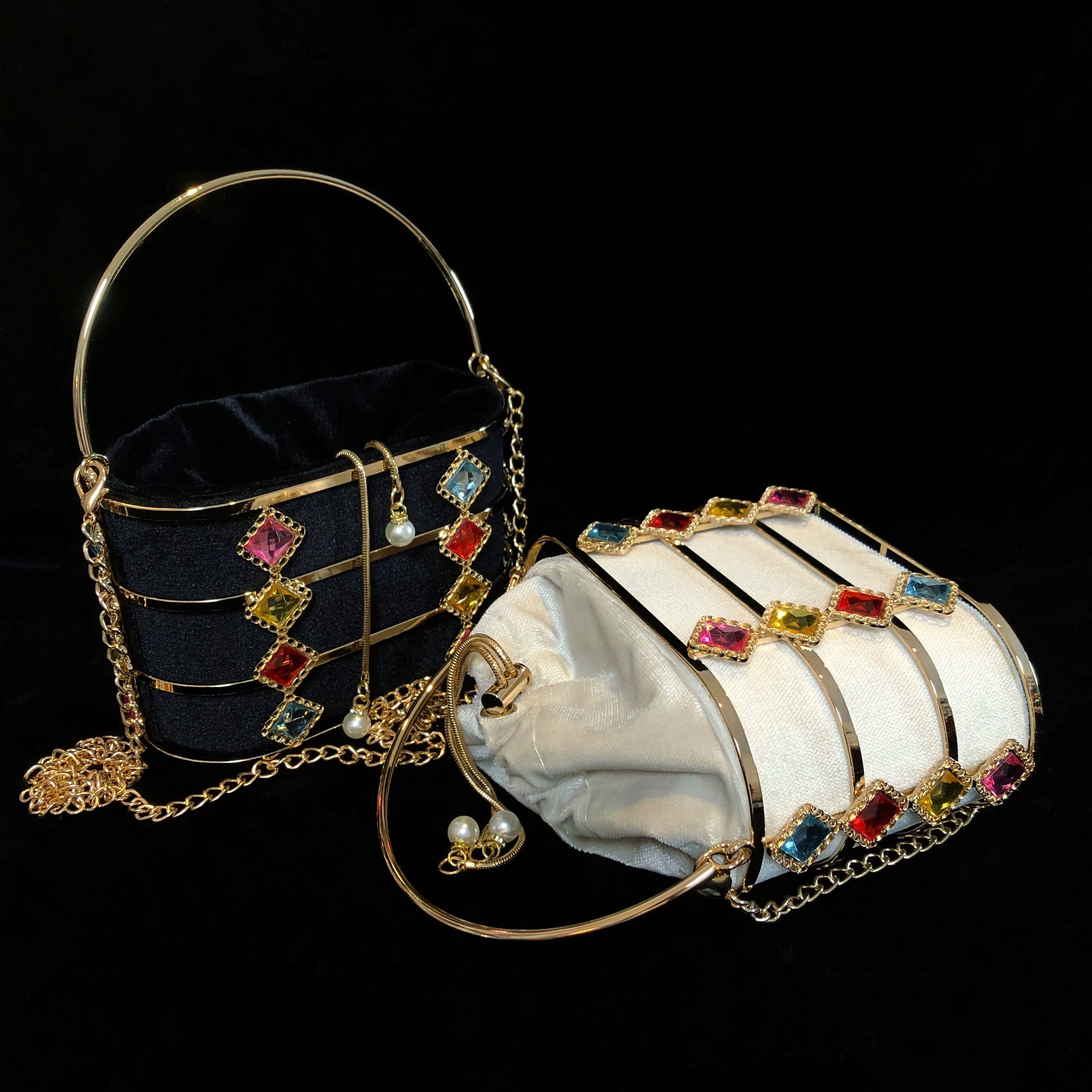 A VELVETINE BASKET BAG WITH JEWEL EMBELLISHED CAGE.