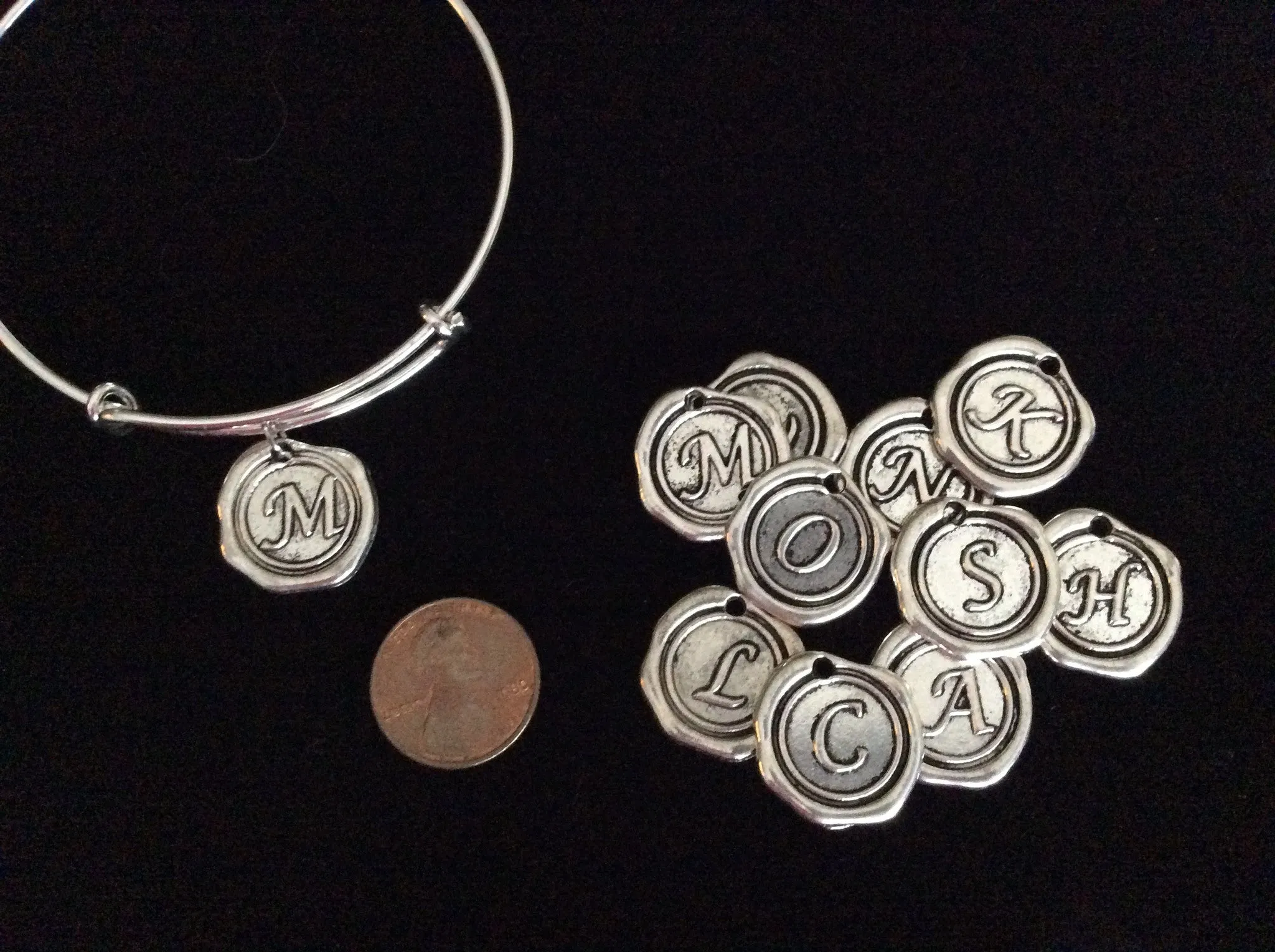 Add A Wax Stamped Style Letter Charm to an Expandable Adjustable Wire Bangle Bracelet in shop Jules Obsession