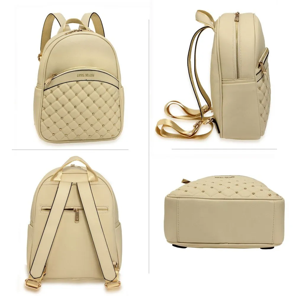 AG00590 - Ivory Quilt  Stud Backpack School Bag