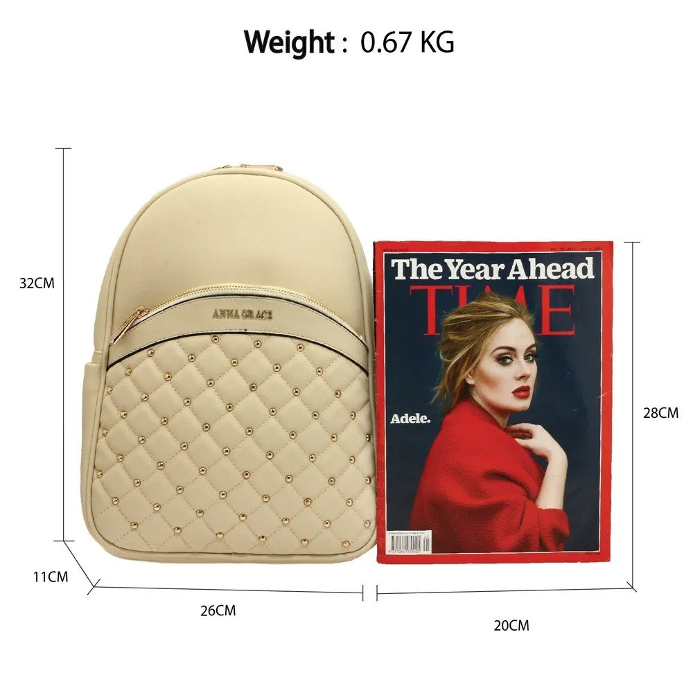 AG00590 - Ivory Quilt  Stud Backpack School Bag