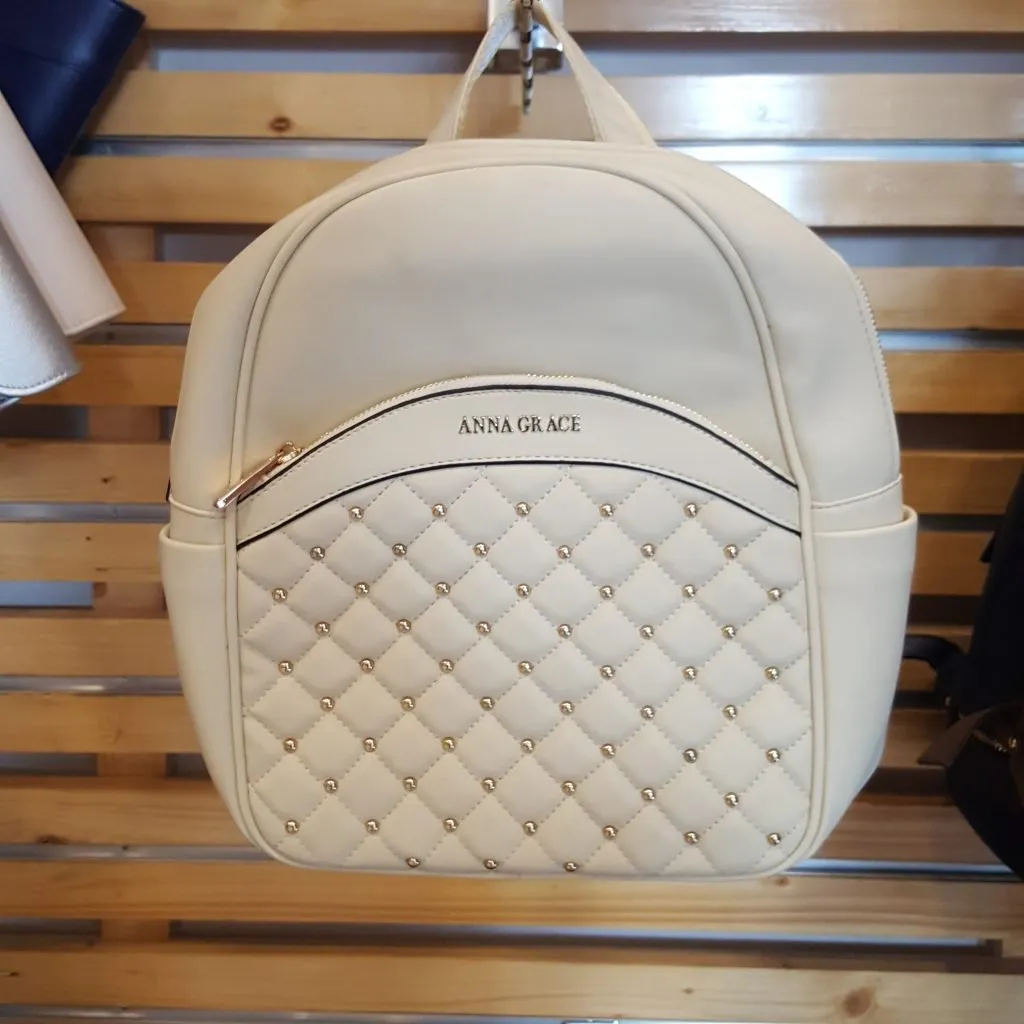 AG00590 - Ivory Quilt  Stud Backpack School Bag