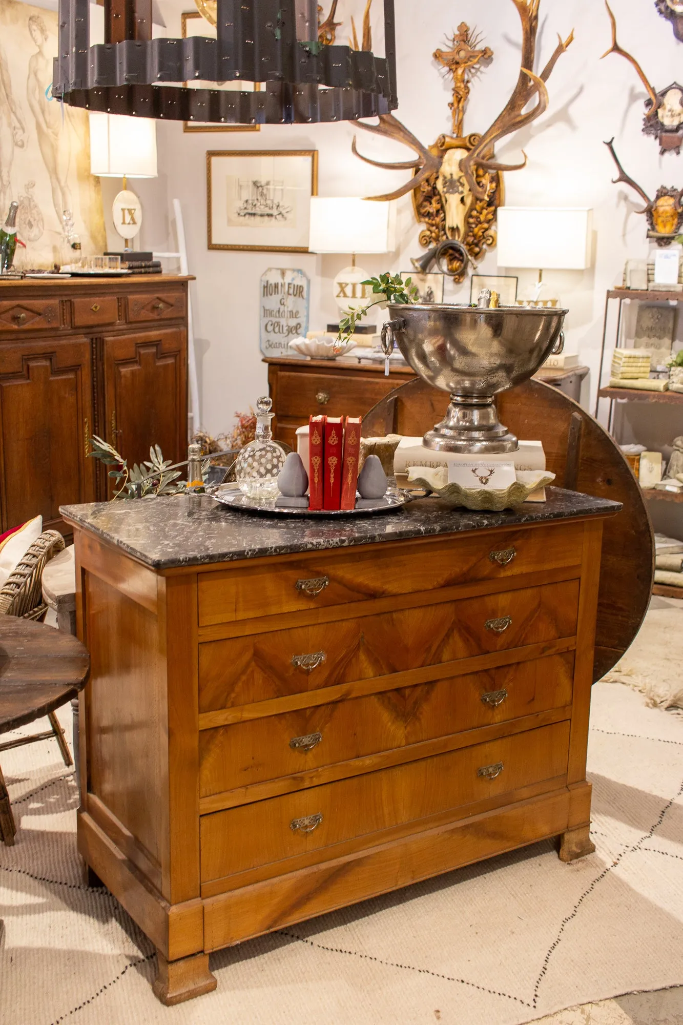 Antique French Walnut Chest of Drawers with Marble Top