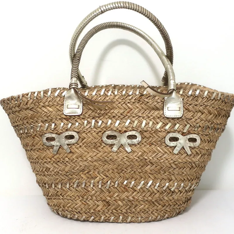 Anya Hindmarch Beach Large Basket Tote Gold Leather-Trim Raffia Shoulder Bag