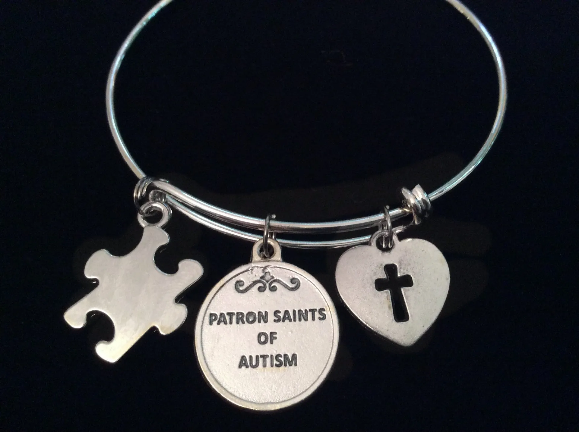 Autism Patron Saint Dymphna and Nicholas Silver Puzzle Piece Expandable Charm Bracelet Adjustable Wire Bangle Expandable Autistic Teacher Gift