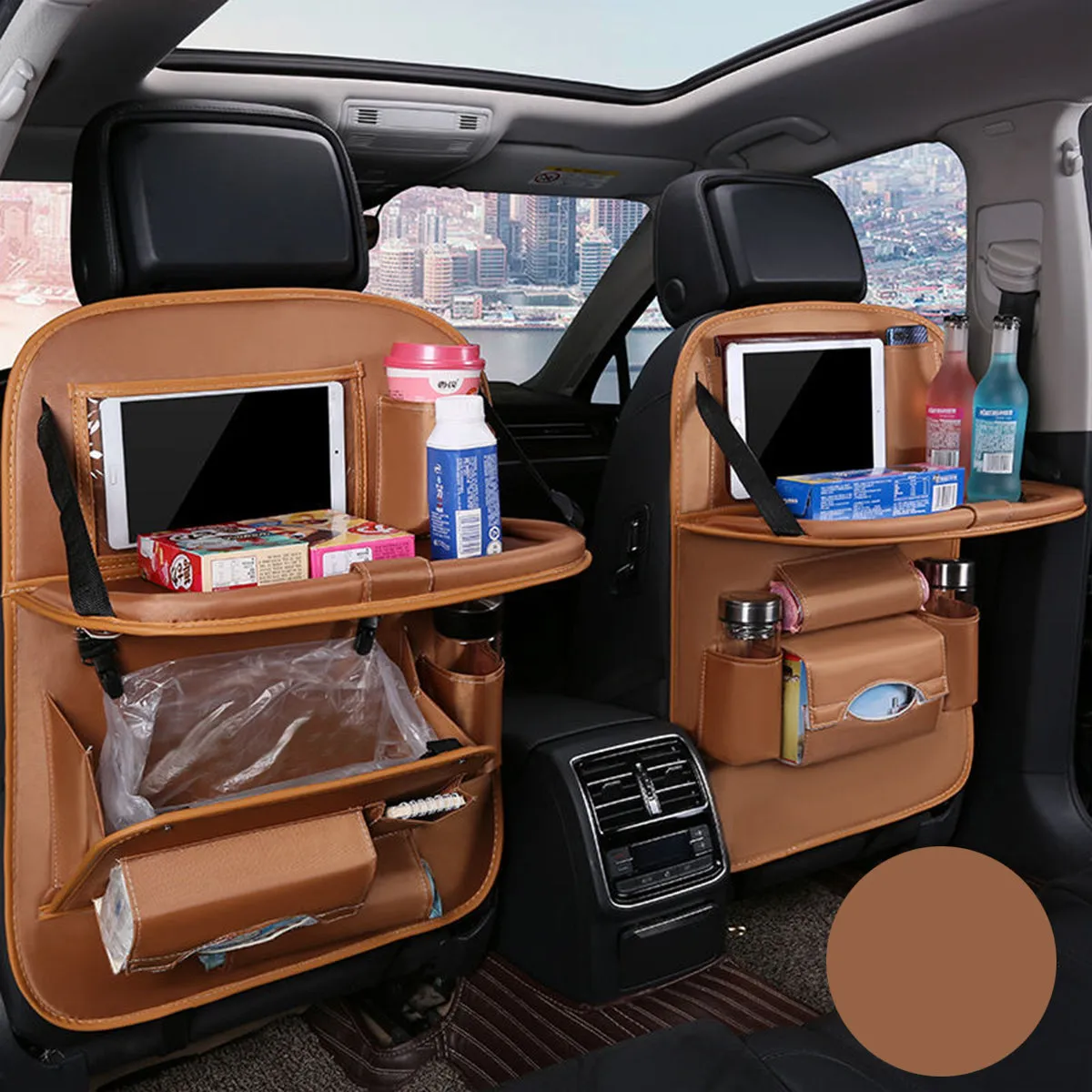 Backseat Organizer With Tablet Holder PU Leather, Custom Fit For Your Cars, Backseat Car Organizer, Car Seat Back Protectors Kick With Foldable Table Tray Car Seat Organizer, Car Accessories CH15987