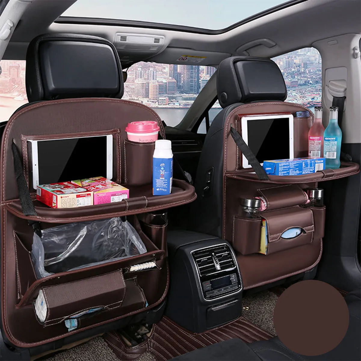 Backseat Organizer With Tablet Holder PU Leather, Custom Fit For Your Cars, Backseat Car Organizer, Car Seat Back Protectors Kick With Foldable Table Tray Car Seat Organizer, Car Accessories RL15987