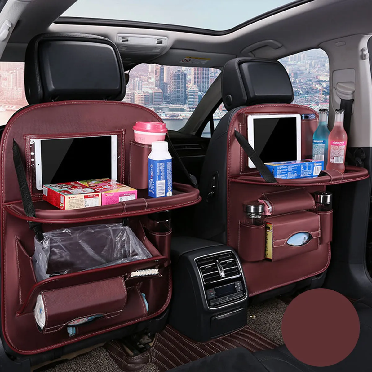 Backseat Organizer With Tablet Holder PU Leather, Custom Fit For Your Cars, Backseat Car Organizer, Car Seat Back Protectors Kick With Foldable Table Tray Car Seat Organizer, Car Accessories RL15987