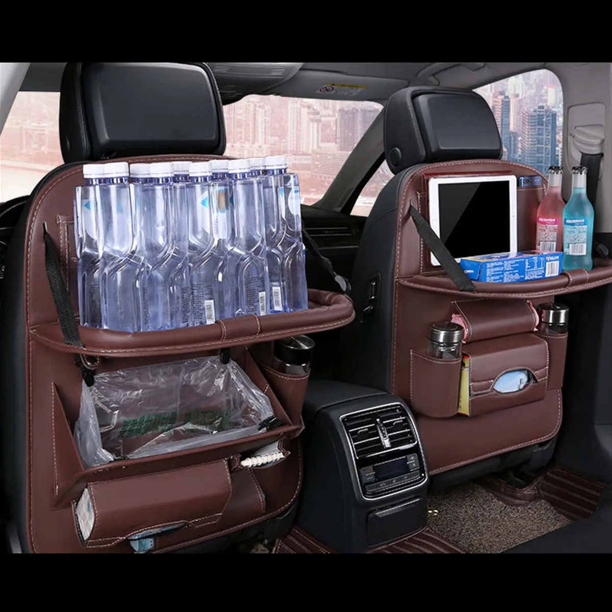 Backseat Organizer With Tablet Holder PU Leather, Custom Fit For Your Cars, Backseat Car Organizer, Car Seat Back Protectors Kick With Foldable Table Tray Car Seat Organizer, Car Accessories RL15987