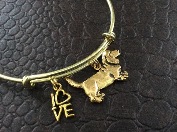 Beagle Dog Charm on a Gold Expandable Bracelet Adjustable Wire Bangle Handmade in America Dog Lover Gift Trendy