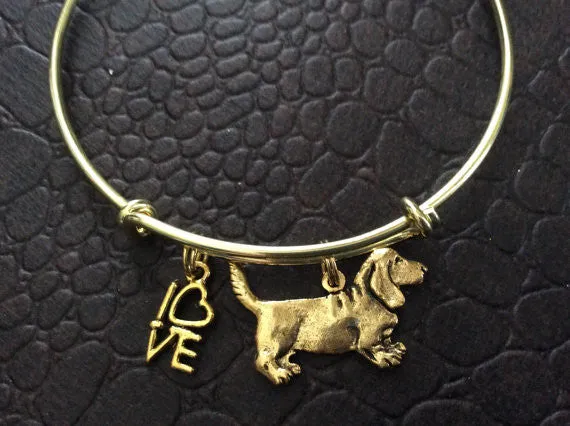 Beagle Dog Charm on a Gold Expandable Bracelet Adjustable Wire Bangle Handmade in America Dog Lover Gift Trendy